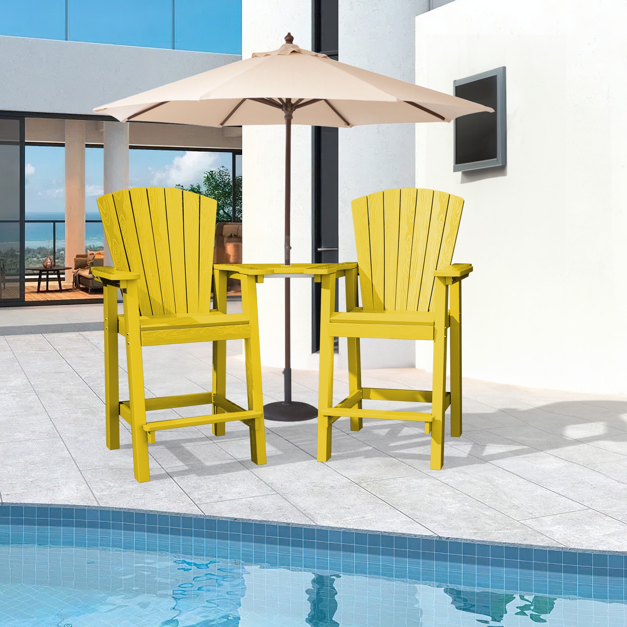 VOUA PESRLT-YW Patio HDPE Tall Bar Set With Umbrella Hole Set of 2 Yellow HDPE Frame Stationary Adirondack Chair with Slat Seat