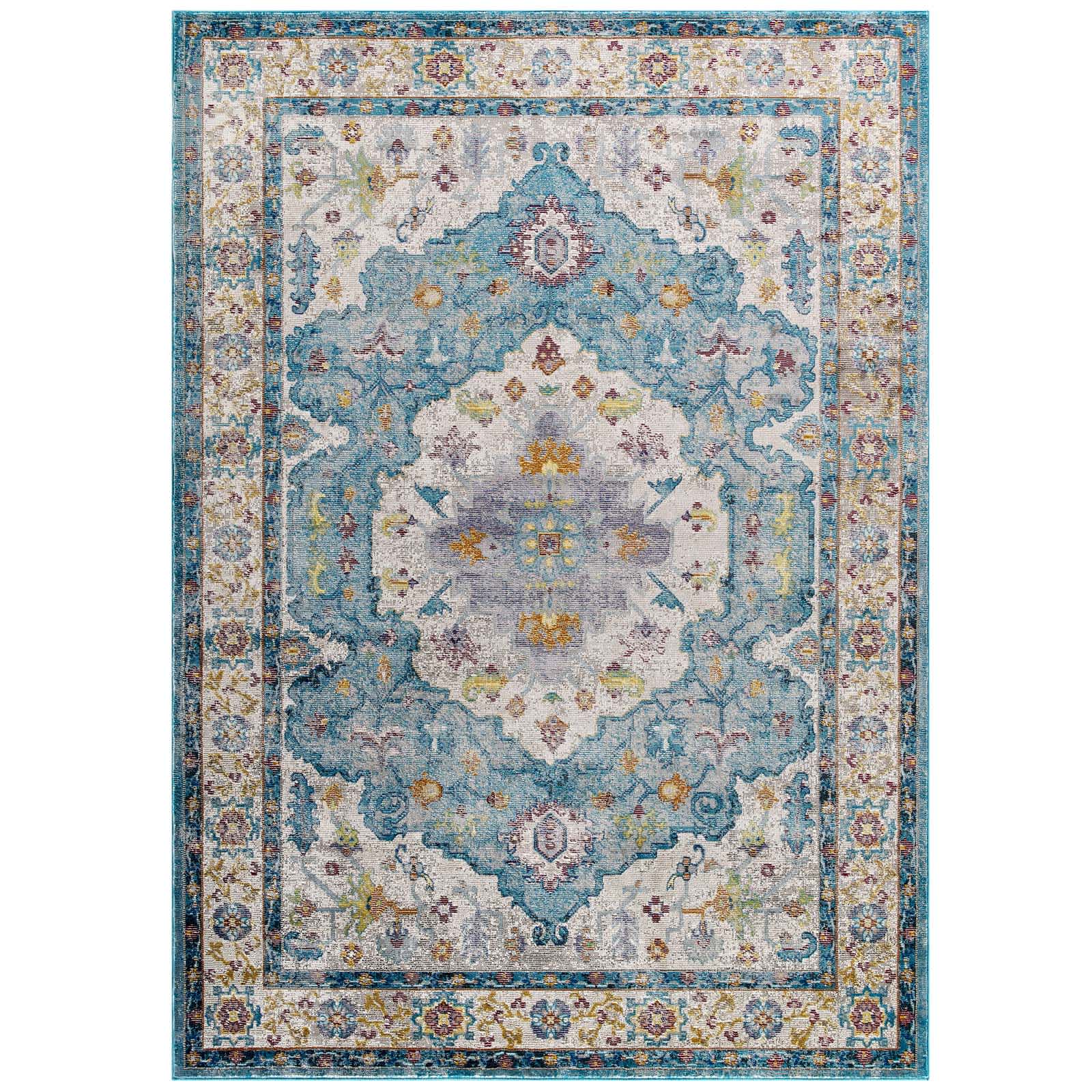 Modway -  Success Anisah Distressed Floral Vintage Medallion 8x10 Area Rug in Light Blue Ivory Ye...