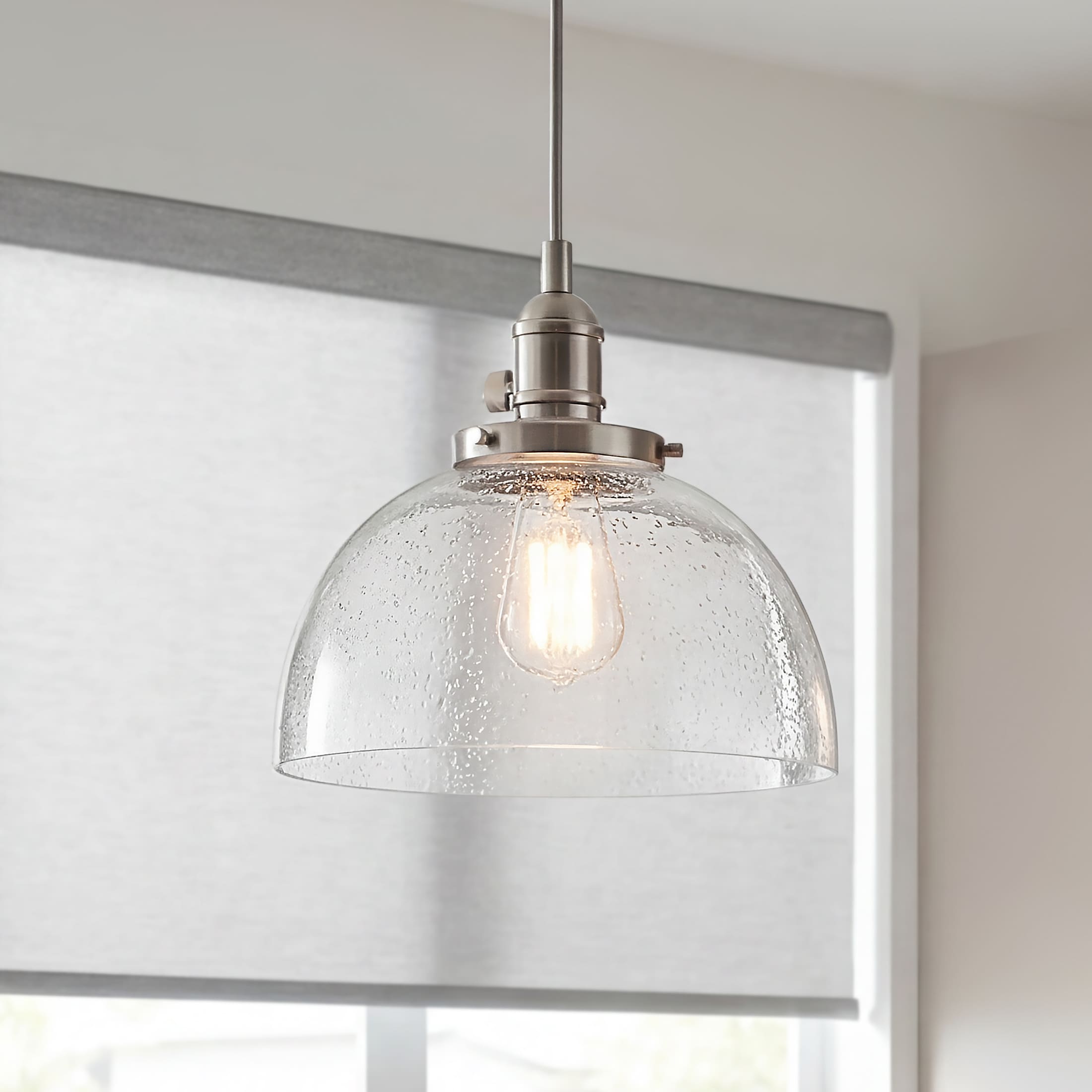 Kichler Avery 1 -Light Brushed Nickel Farmhouse Seeded glass Dome Medium Hanging Pendant Light