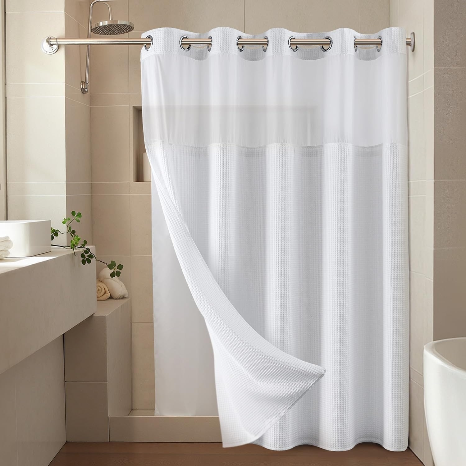Paradigms Interiors White Cotton Blend Waffle Weave Shower Curtain with Snap in Replacement Liner Heavyweight Fabric Set 71 x 74 Inches #514068521457