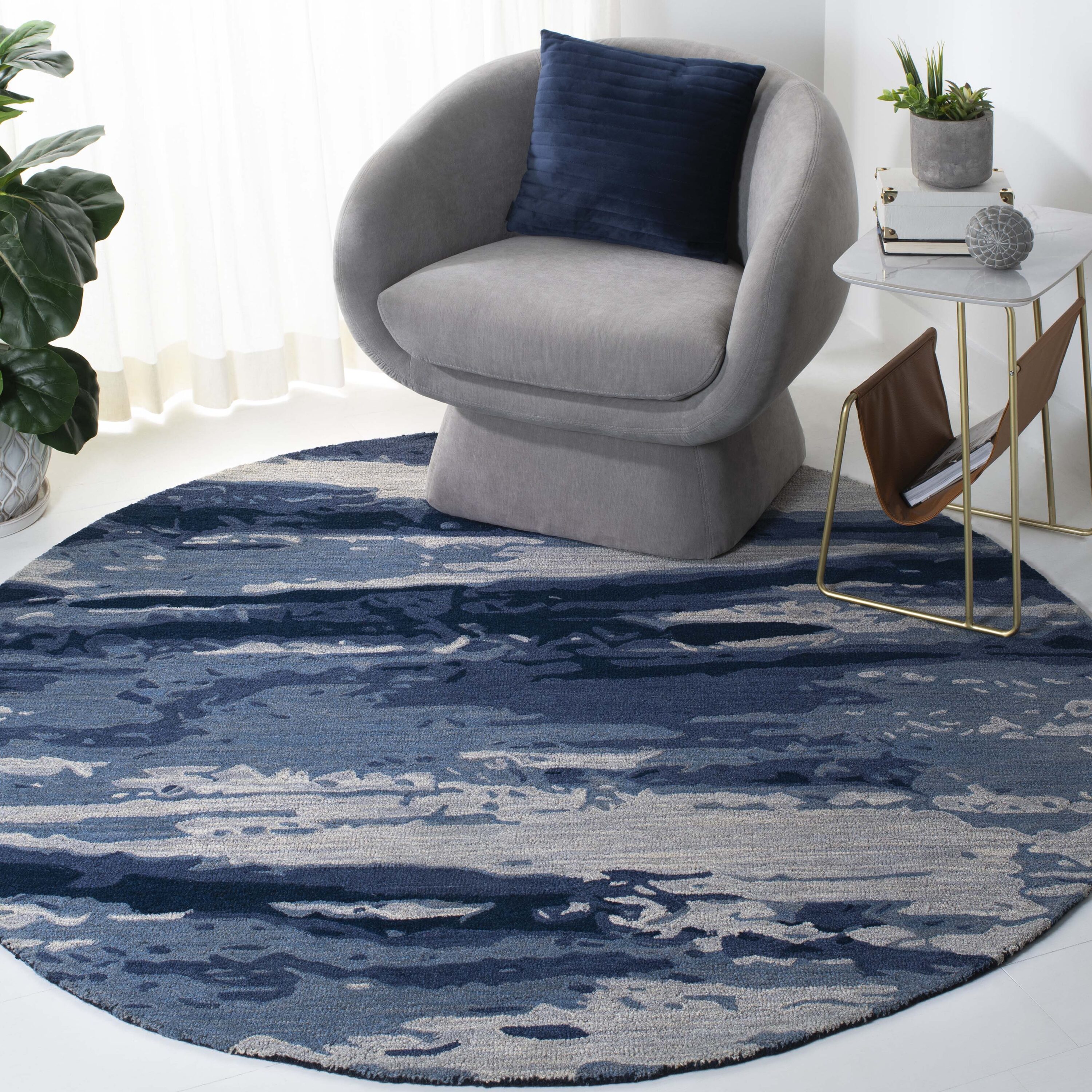  Metro 650 Blue/Ivory Contemporary 6ft x 6ft Round Rug
