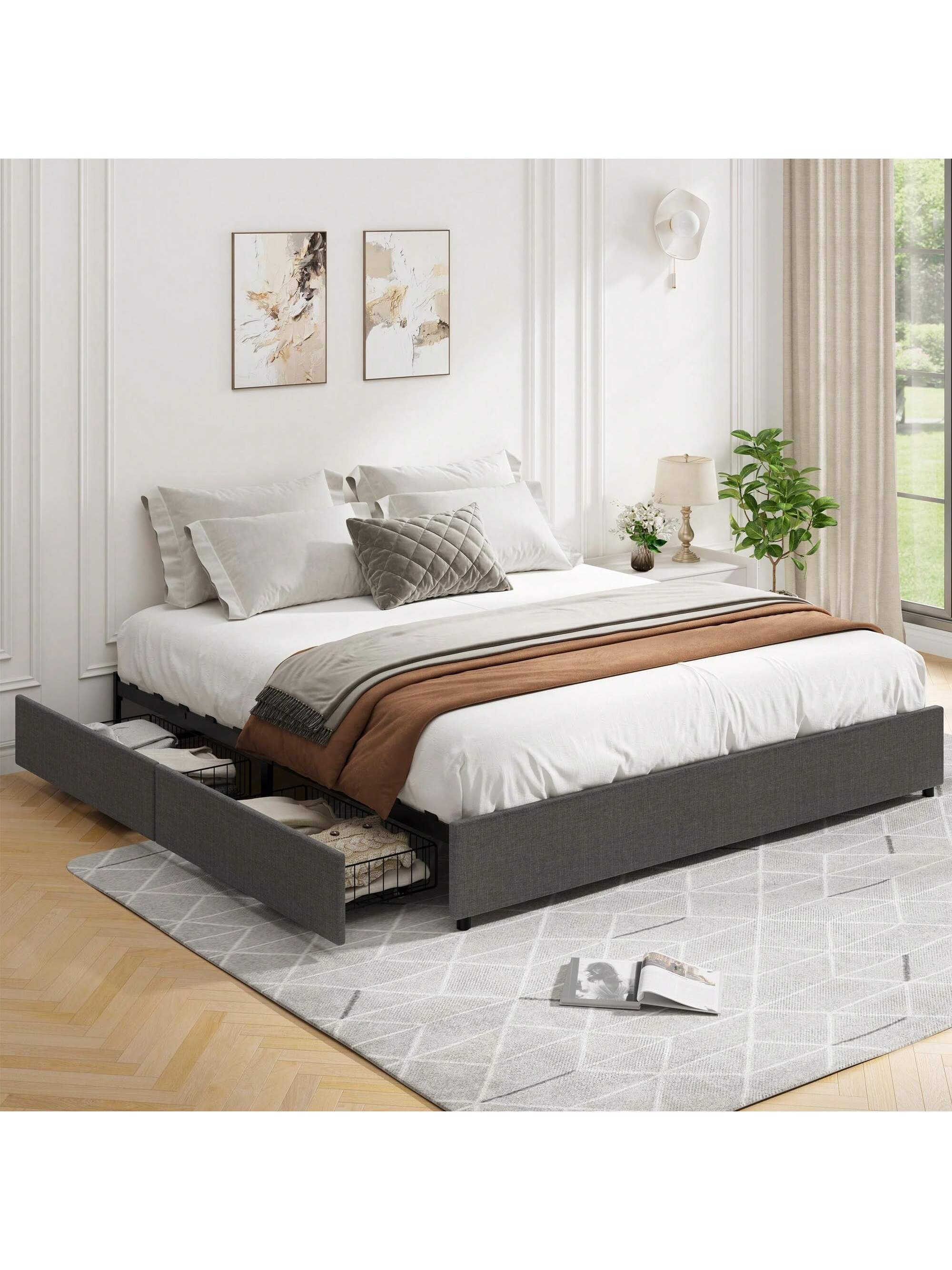 Qeetex PHO-14YZUJ1V-HF4 Platform Bed Frame. Fabric Upholstered With 4 Storage Drawers. No Box Spring Needed. Wooden Slats Support. Noise Free. Easy Assembly. Dark Grey