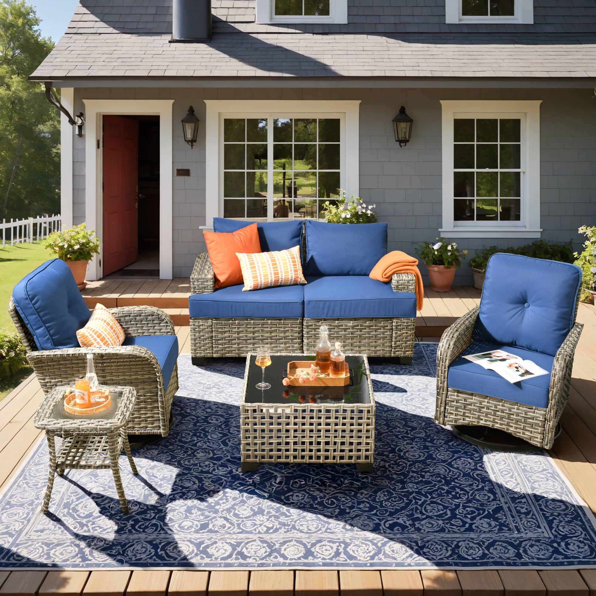 Pouuin SVYZBS705 5-Piece Wicker Patio Conversation Set with Navy Cushions