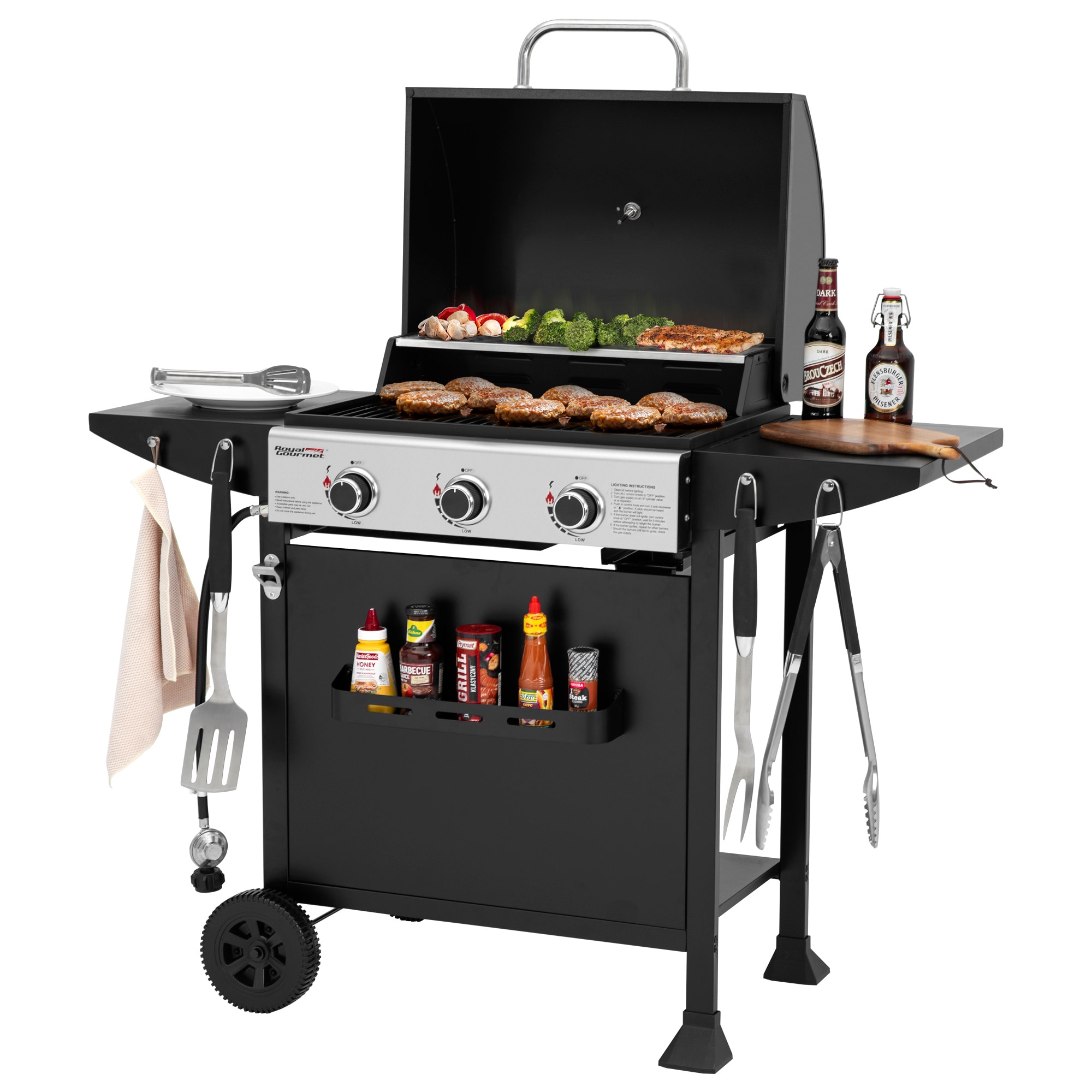 Royal Gourmet GH3001H Cart Style with Front Storage Basket Black 3 -Burner Liquid Propane Gas Grill