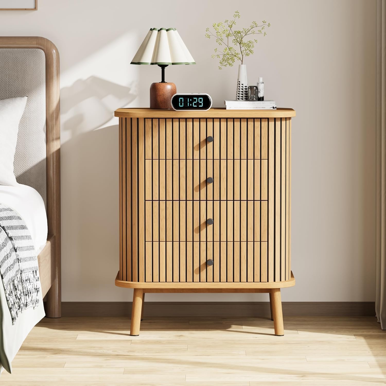 Qeetex D23PHO14N7KK5G Painted Wood 4 Drawer Dresser with Removable Divider Imitation Bamboo Surface and Matte Black Handles Natural