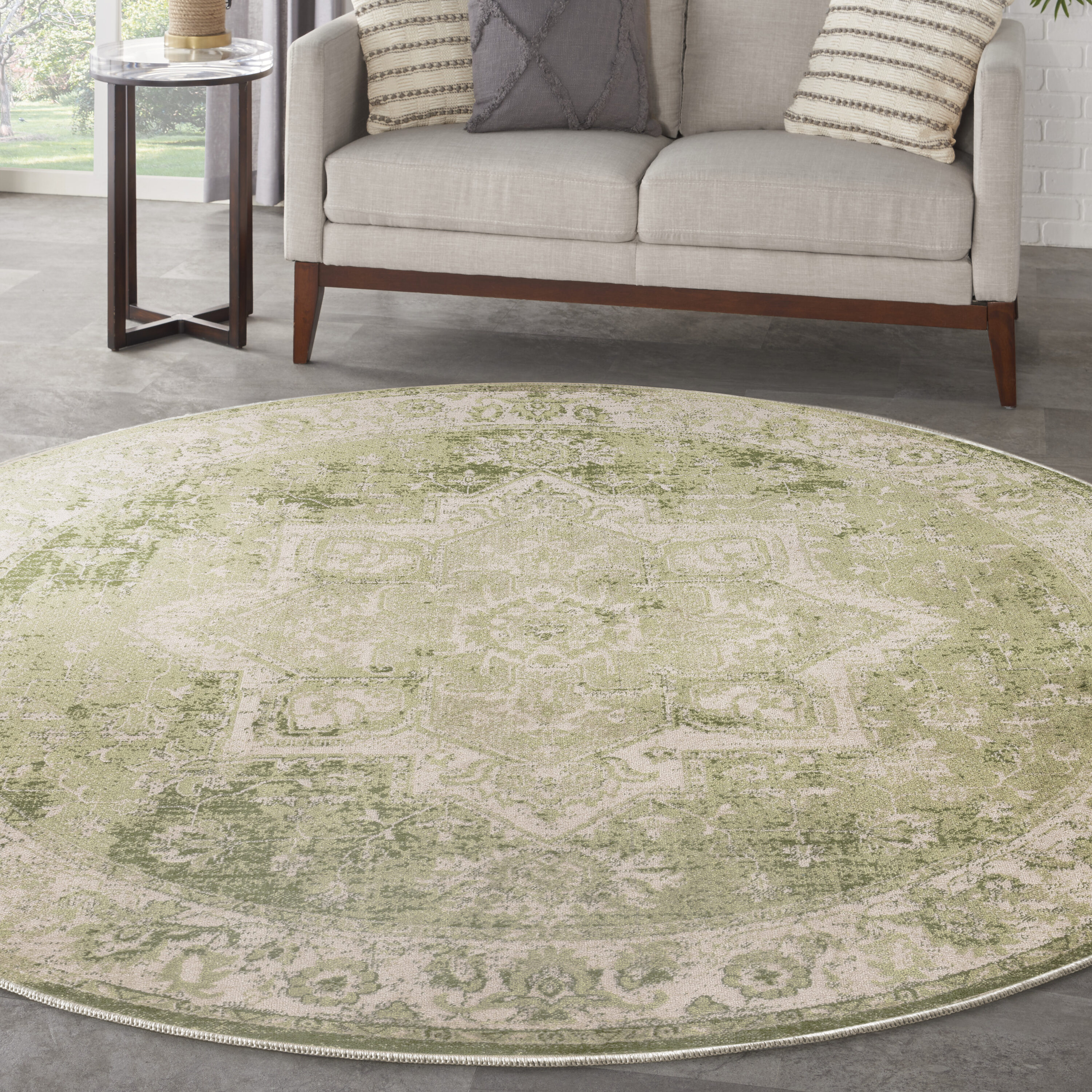 Nourison Home 099446964571 Astra Machine Washable 5 x 5 (ft) Loomed Polyester Ivory Green Round Indoor Medallion Persian Machine washable Area rug