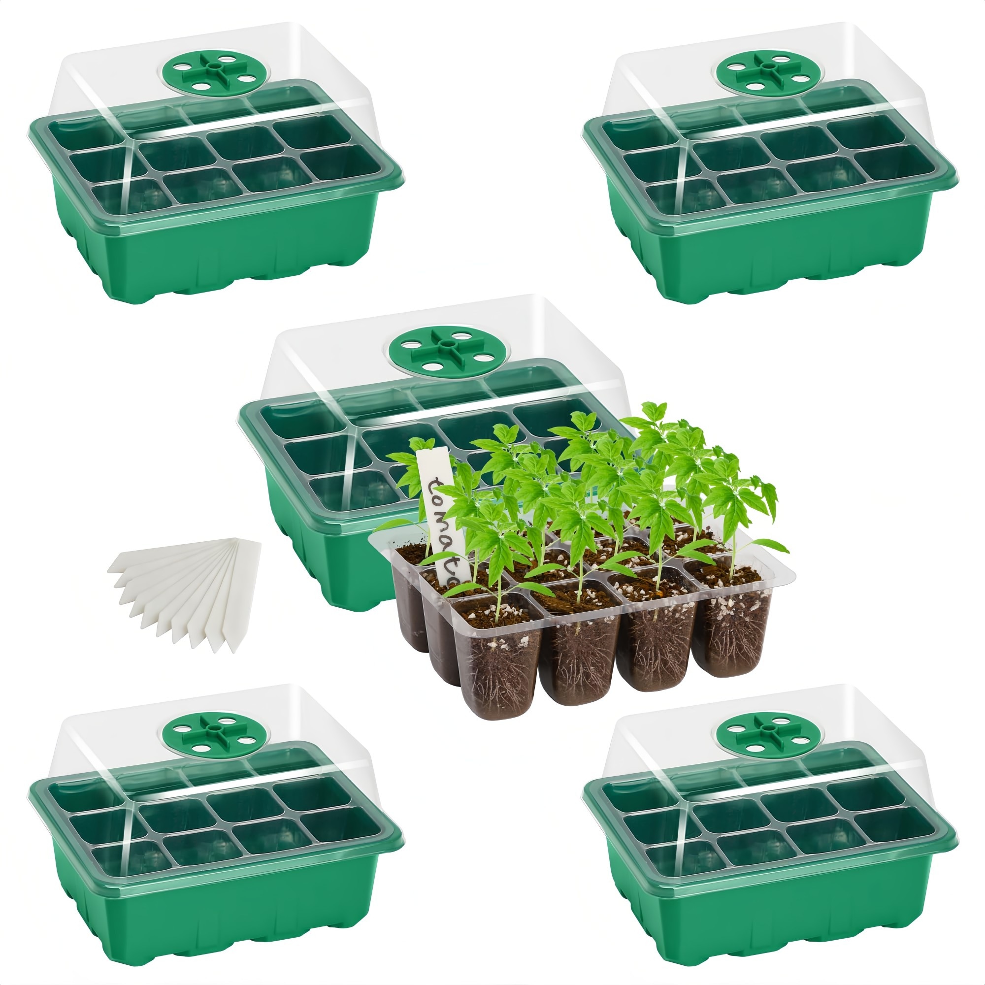 Numhew 7.5in L 5-Pack Adjustable Humidity Green Seed Starter Trays with Drainage Holes Plastic Indoor Propagator Kit