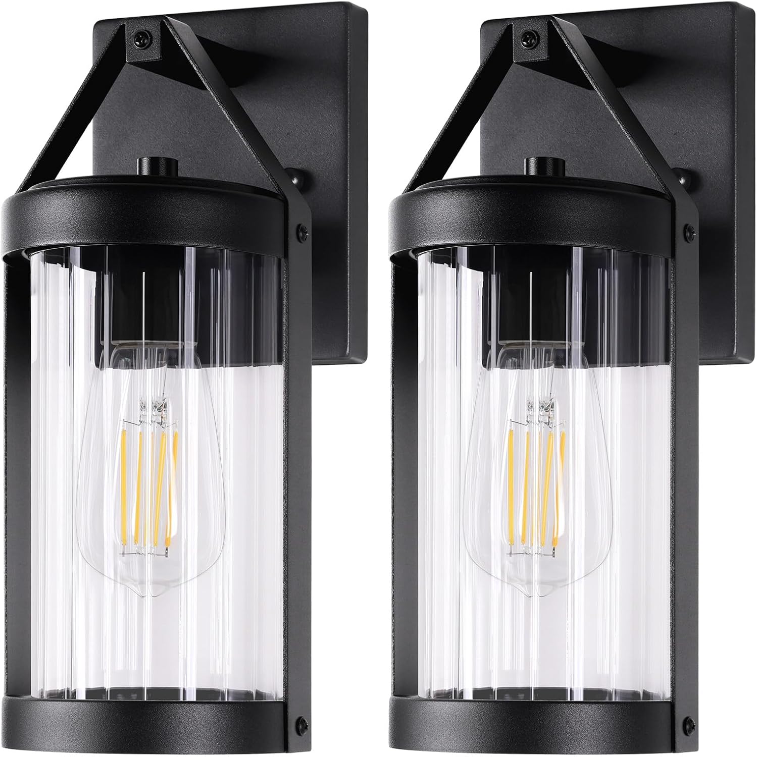 Nordic Hygge 2-Pack Water-Resistant Matte Black Outdoor Wall Lanterns with Clear Ribbed Glass