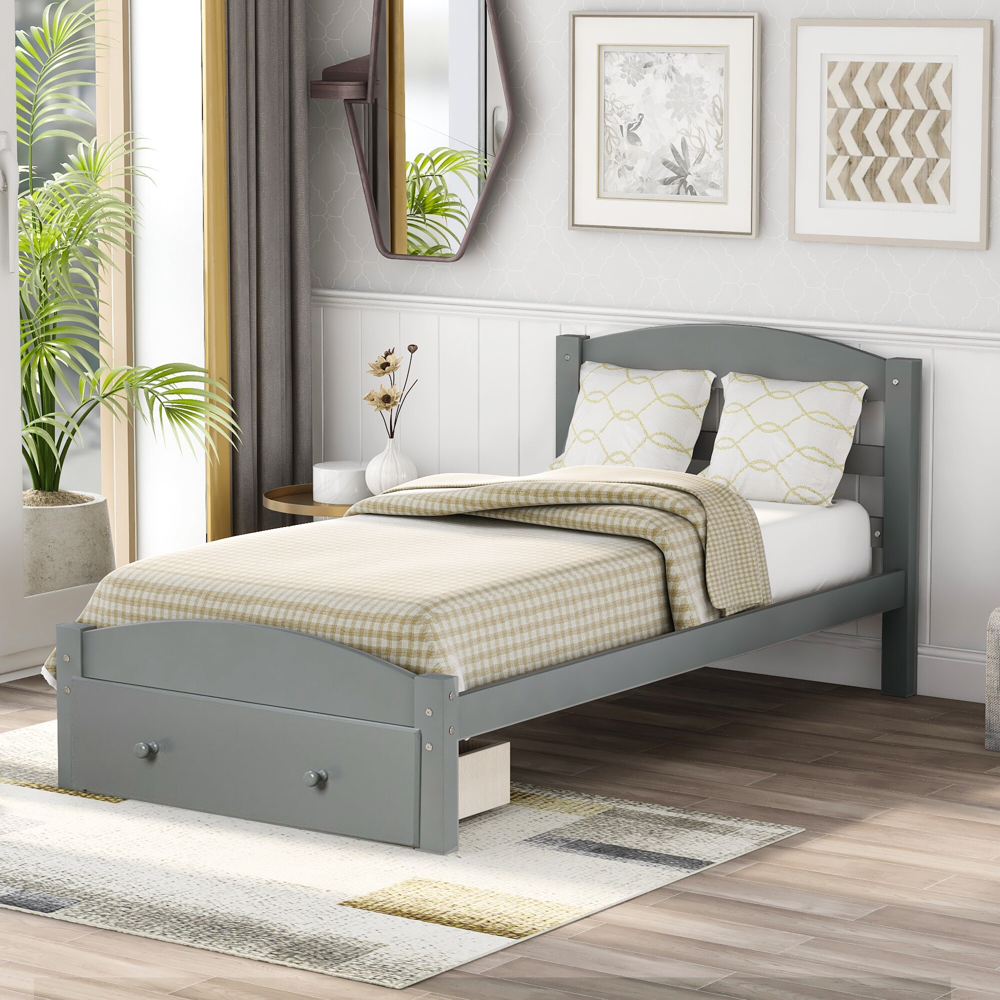 ModernLuxe WF191655AAE Platform Twin Bed Frame with Storage Drawer and Wood Slat Support No Box Spring Needed Gray