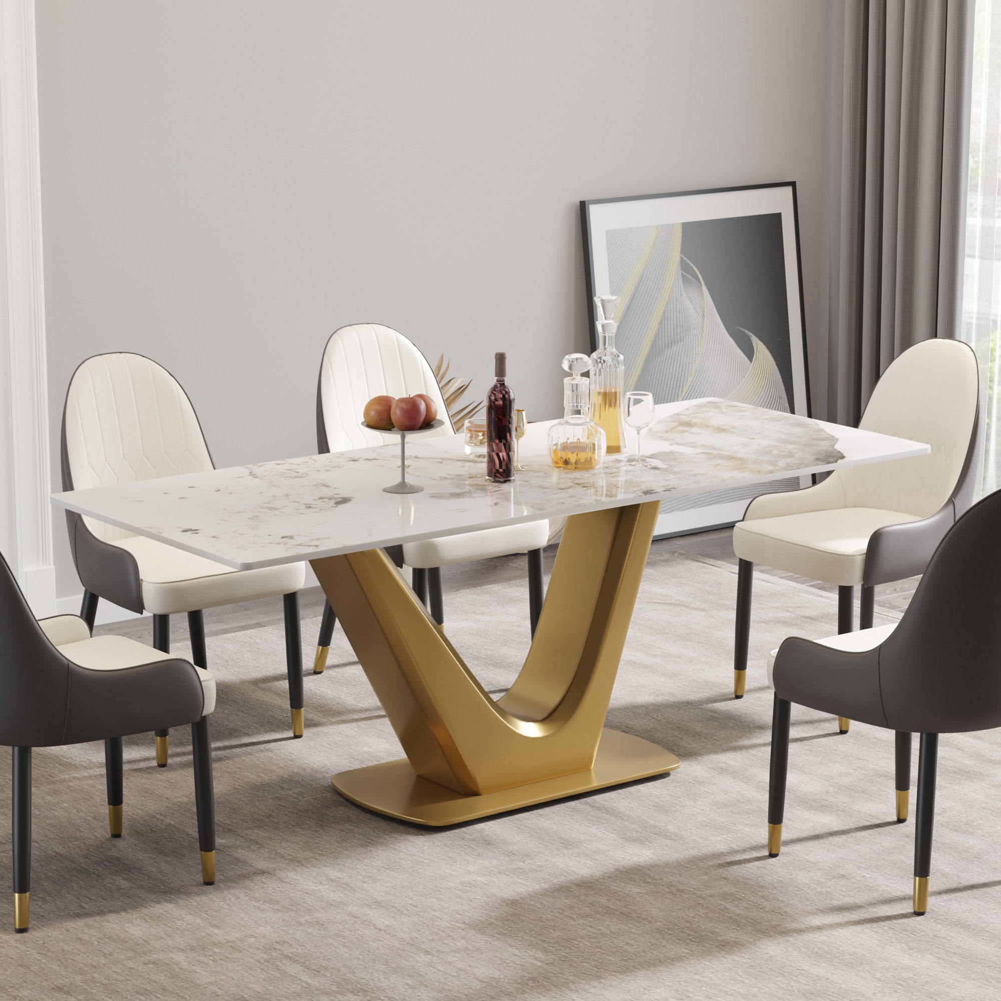 LIVIZA AT08 White Contemporary/Modern Dining Table, Faux Marble with ...