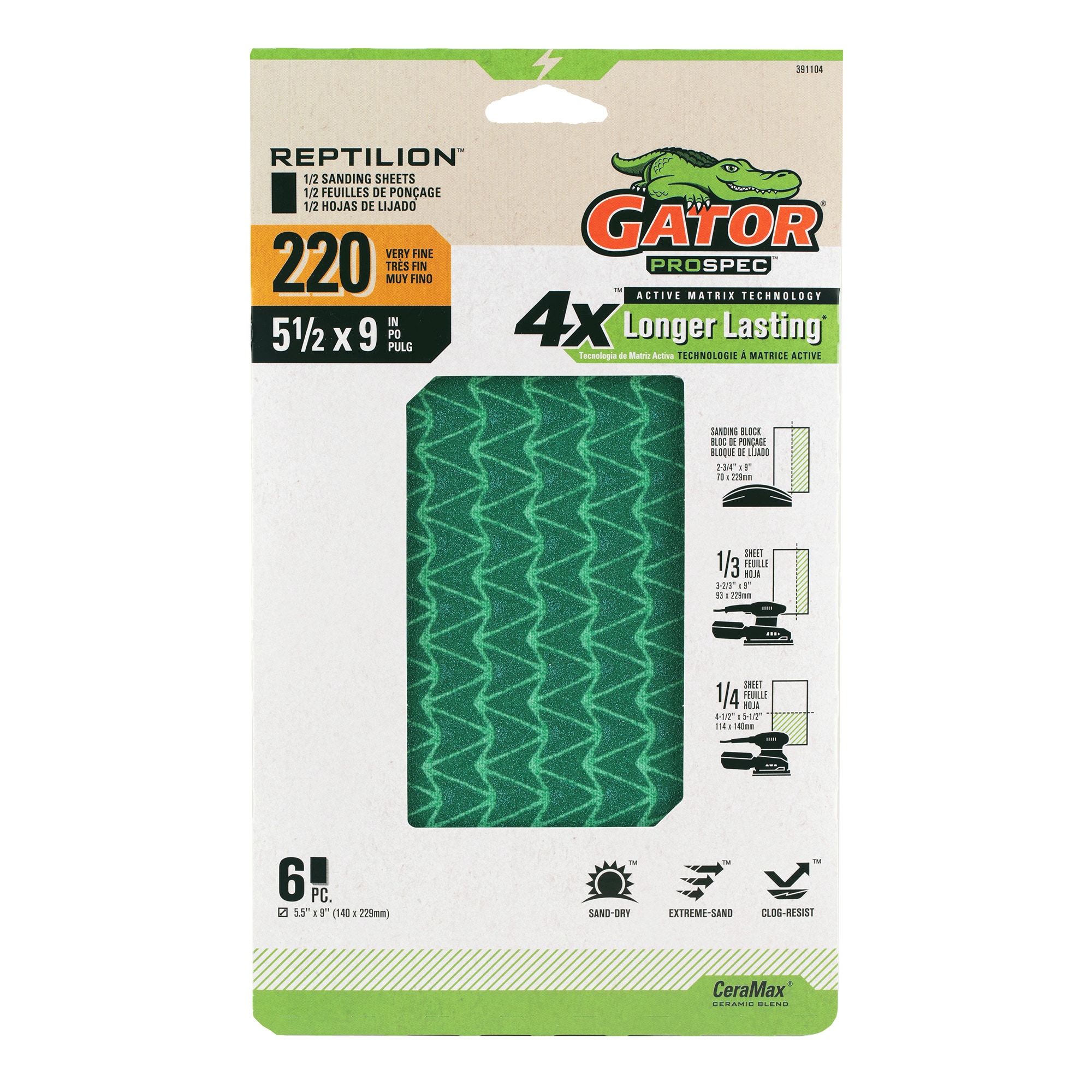 Gator 391104 Reptilion 6 -Piece Ceramic alumina 220 -Grit Sheet Sandpaper