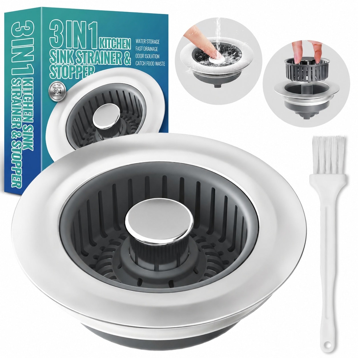 Yichuhaoxi  3 in 1 Kitchen Sink Drain Strainer Set with Cleaning Brush 304 Stainless Steel Basket for 3 Point 5 Inch Sink Openings Grey Easy