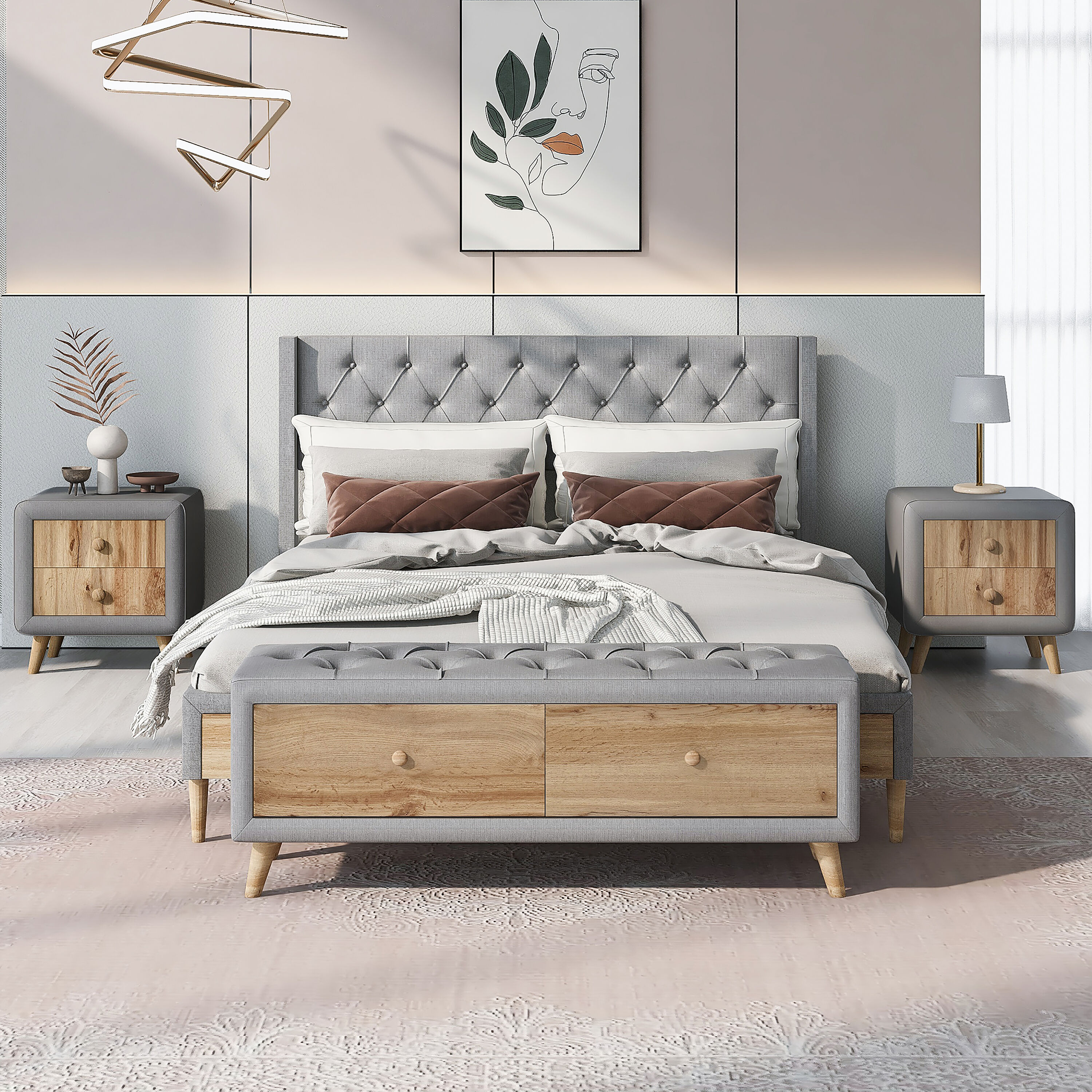 ModernLuxe L-HL000006AAE Gray Queen Upholstered Platform Bed with Storage