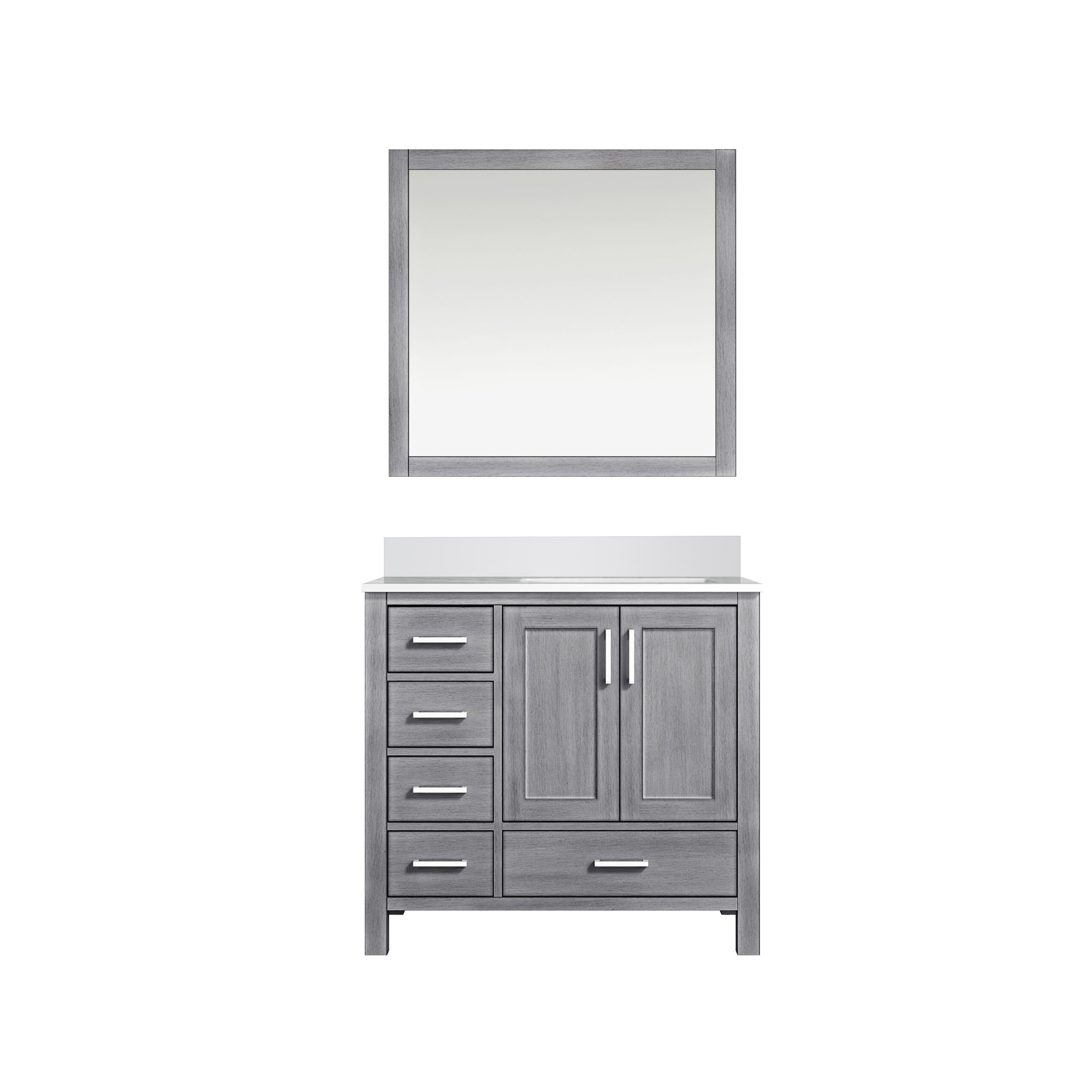 Lexora LJ342236SDWQM34R Jacques 36-in Distressed Grey Undermount Single Sink Bathroom Vanity with White Quartz Top (Mirror Included)