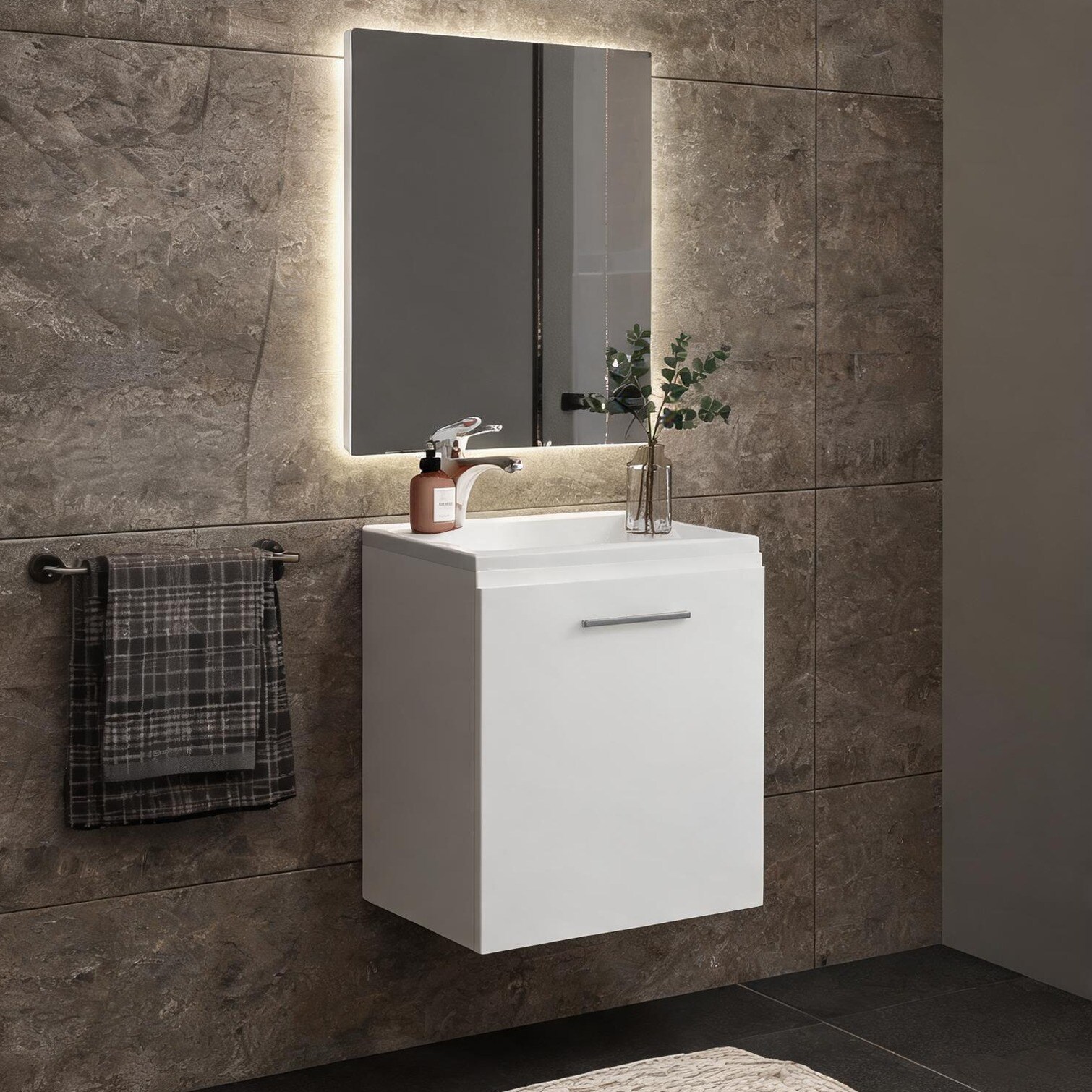 SunJet - Bathroom Vanity with Sink Compact White-Toned Vanity Single Door 13.3 x 15.7 x 19.7 Inches