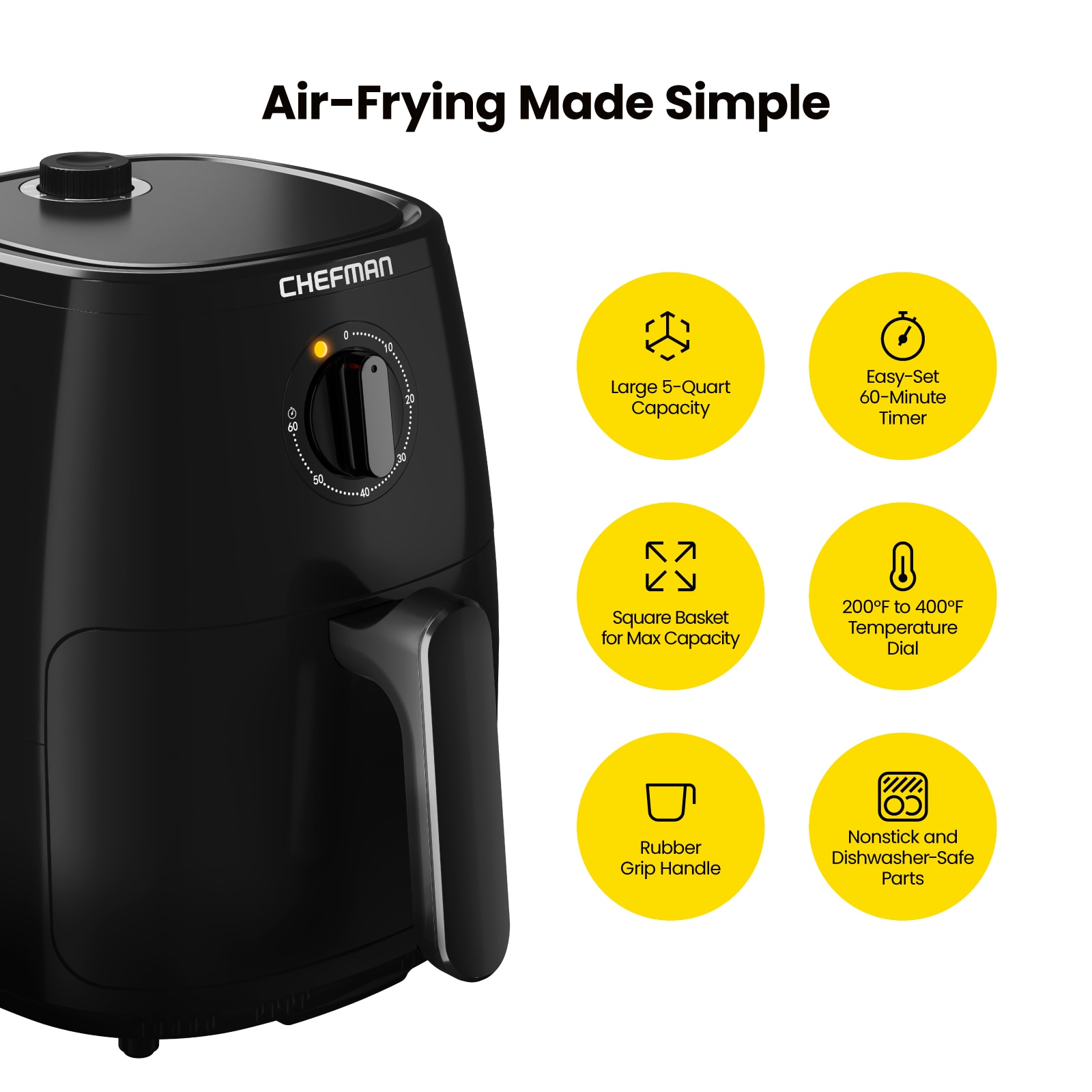 Chefman 5-Quart Black Air Fryer, Oil-less, Non-Stick, cETLus Safety  Listed, 1500W, Perfect for Crispy, Healthy Cooking, Large Capacity for  Family Meals