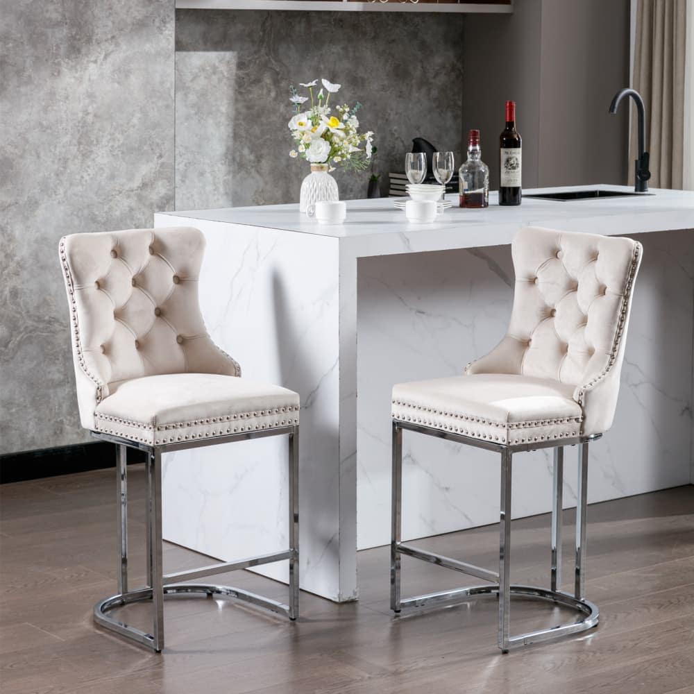 Maison Boucle VAIL-COUNTER-BEIGE Set of 2 26 Inch Beige Counter Height Bar Stools Velvet Upholstered Counter Stool with Metal Legs