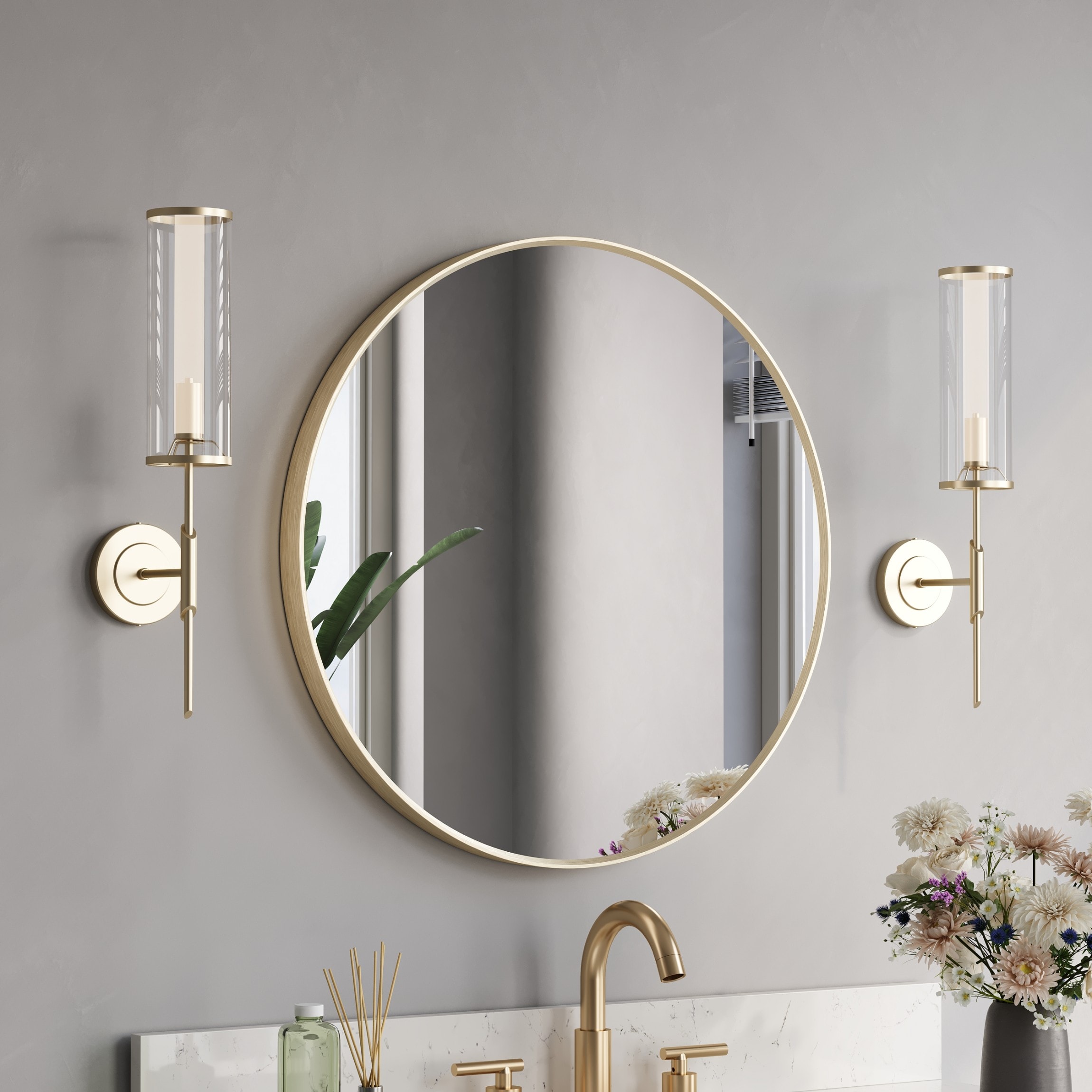 Gtnali - 24-in W x 24-in H Round Aluminum Framed Wall-Mounted Bathroom Vanity Mirror in Brushed Gold