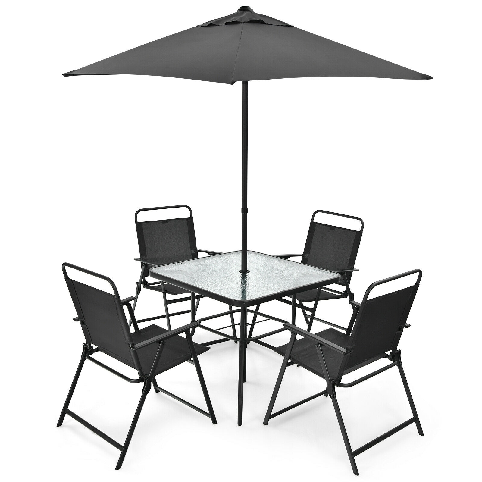 WELLFOR DOZN70822 6 -Piece Black Patio Dining Set Steel Square Table with 4 Stationary Chairs