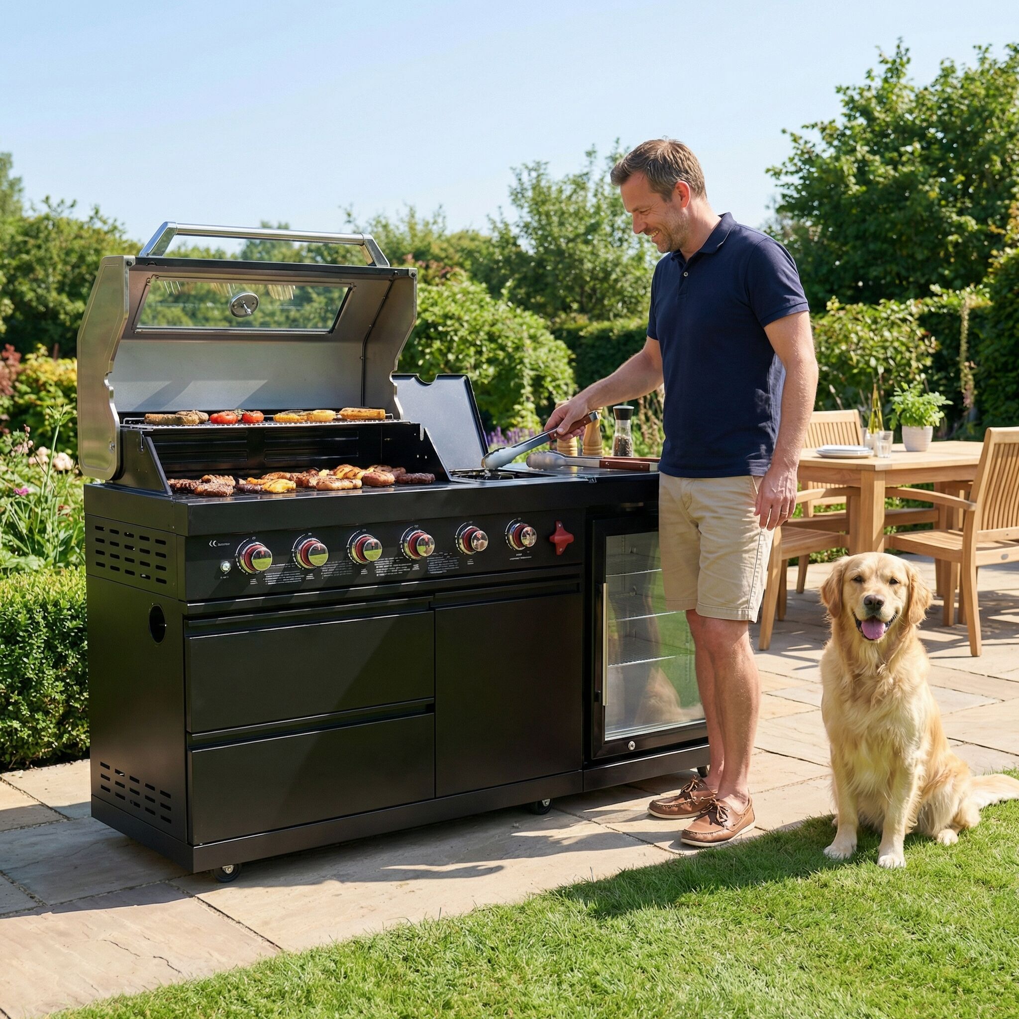 Mondawe 46inch 4 Burner Outdoor Kitchen Island with Wine Cooler Rotisserie and Granite Countertops