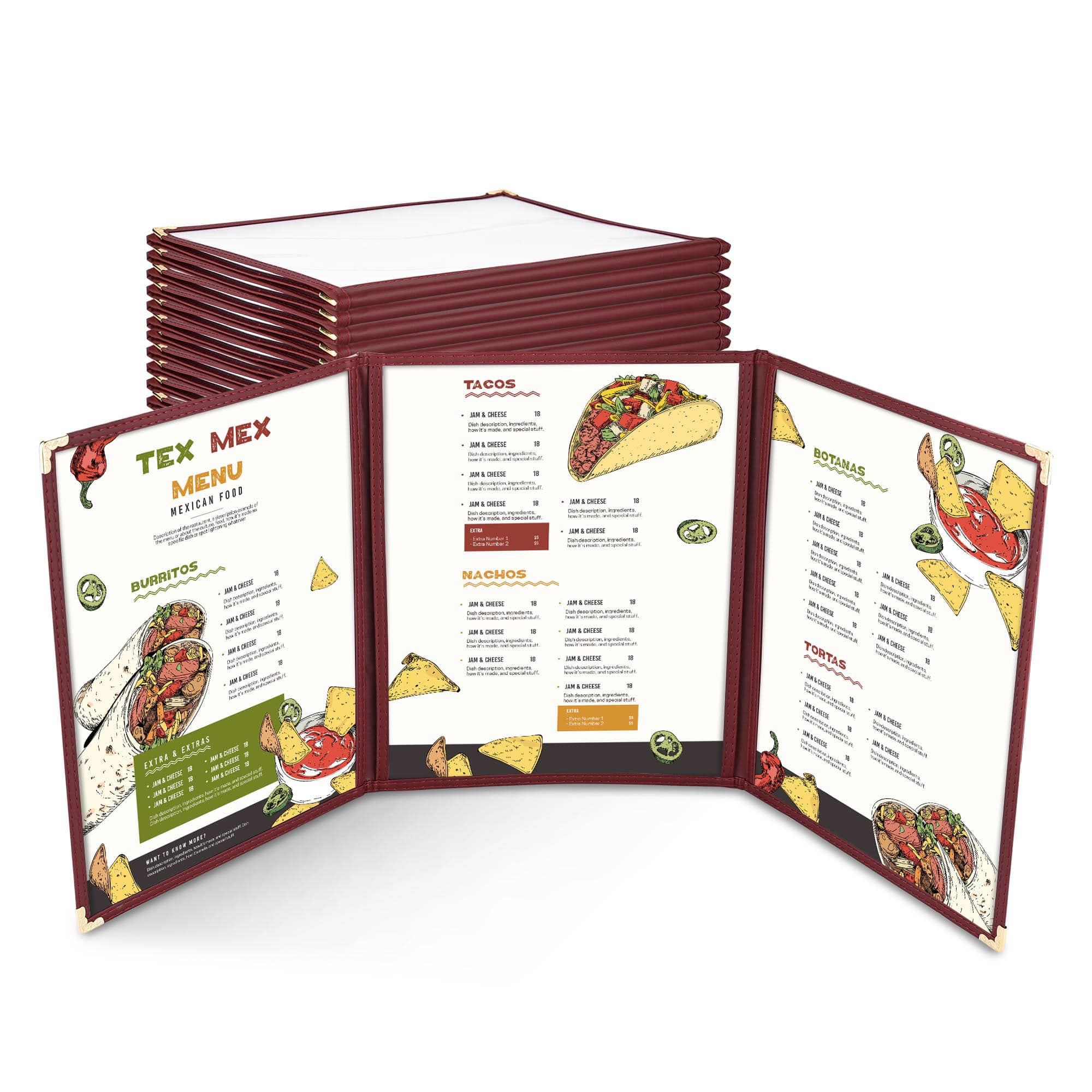 Yescom 26MNC031-811T3-02-LO WeChef 30 Packs Restaurant Menu Covers 8.5 x 11 Triple Fold 3 Pages 6 Views Burgundy