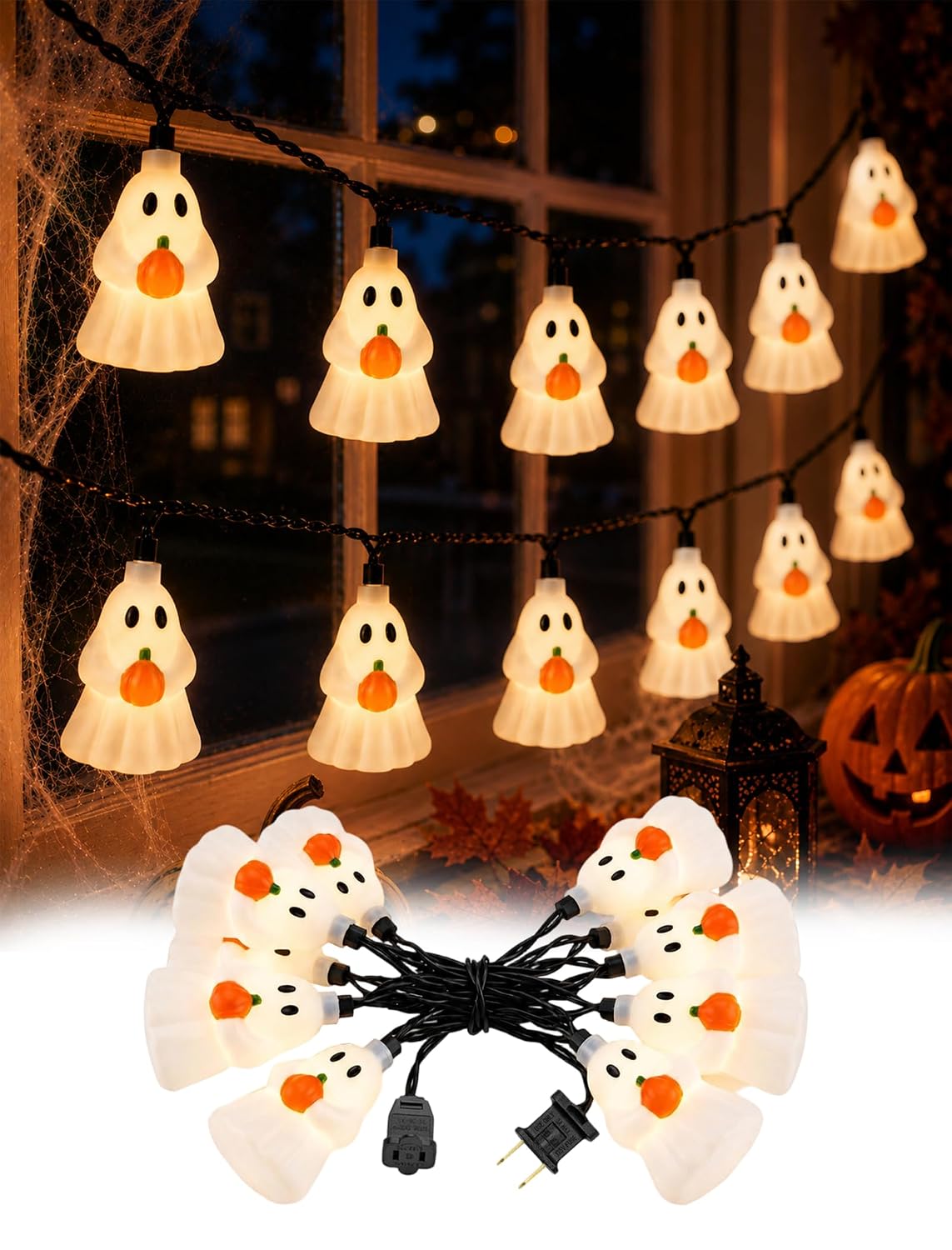 Segrass 8.5 ft Halloween Ghost Pumpkin String Lights 10 LED Warm White Plug-In Connectable IP44 Rated UL Listed Black Wire Indoor Outdoor Decor
