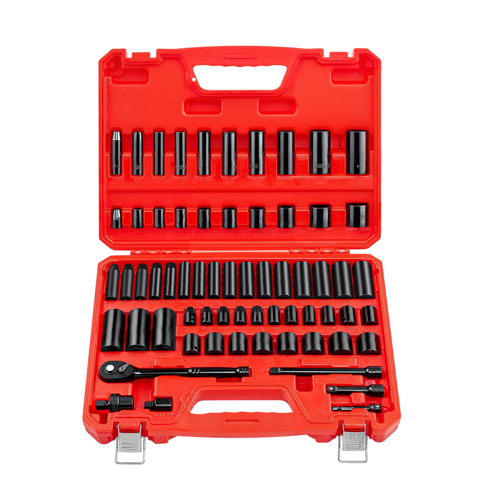 Boho Havens 3/8 in Drive Impact Socket Set 64 Piece 6 Point Deep Shallow Sockets SAE (5/16 to 1 in) and Metric (6 24 mm) Sizes with 3 Extension Bars Cr-V Steel Carrying Case