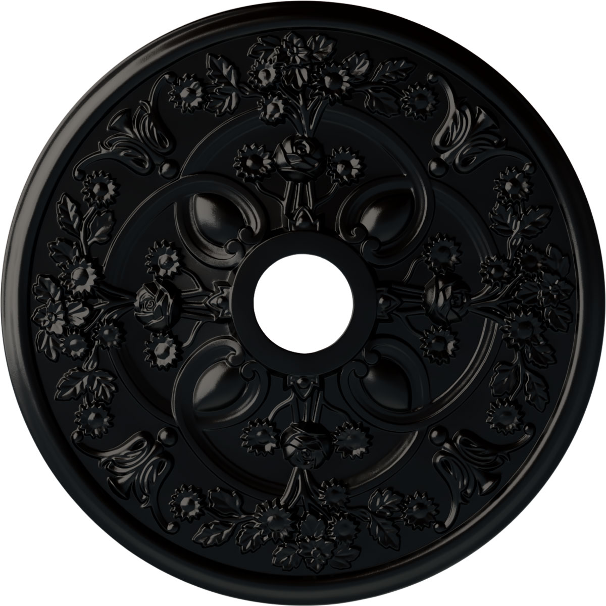 Ekena Millwork CM30ROBLF Rose 30.875-in W x 30.875-in L Painted Jet Black Polyurethane Whole Ceiling Medallion