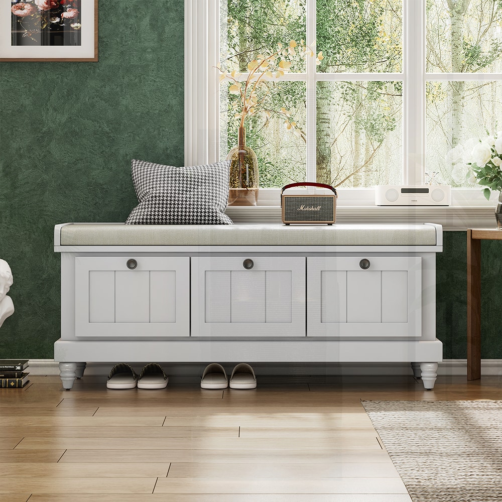 SunJet Light Gray Classic Entryway Shoe Bench With Cushion And Three Drawer Storage For Living Room Hallway