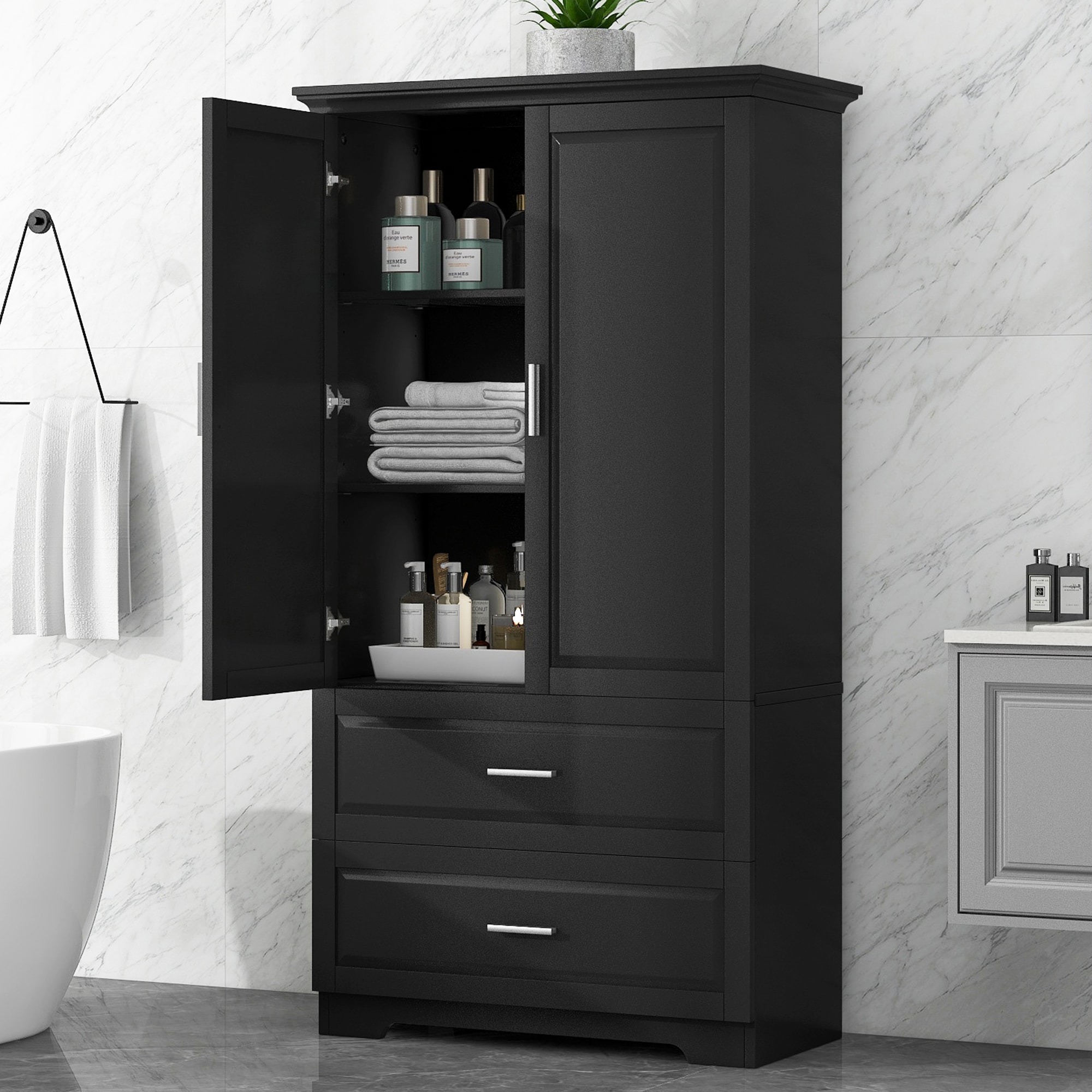 GDFStudio 320479 Tall Bathroom Storage Cabinet Cabinet with Two Doors and Drawers Adjustable Shelf MDF Board Black