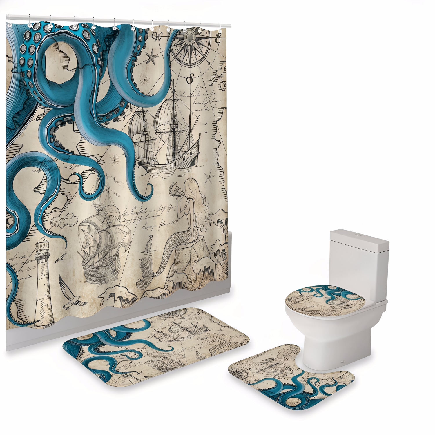 Paradigms Interiors 4 Piece Nautical Octopus Shower Curtain Set With Waterproof Curtain Non Slip Memory Foam Rugs Toilet Lid Cover And Bath Mat