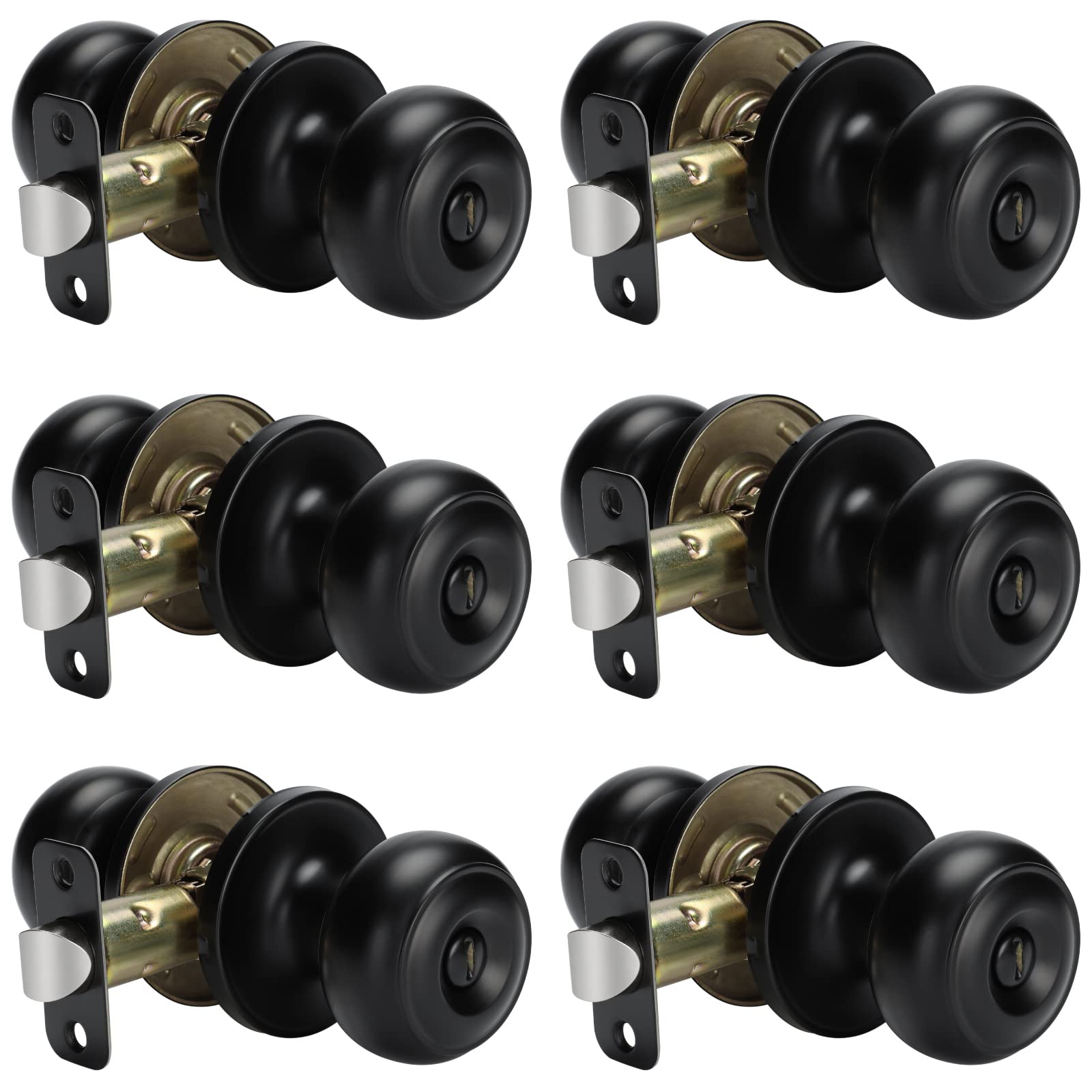 JOWEI  Black Door Knobs Interior Matte Black Keyless Privacy Door Knob Bedroom Bathroom Door Knobs Interior Bulk Pack of 6