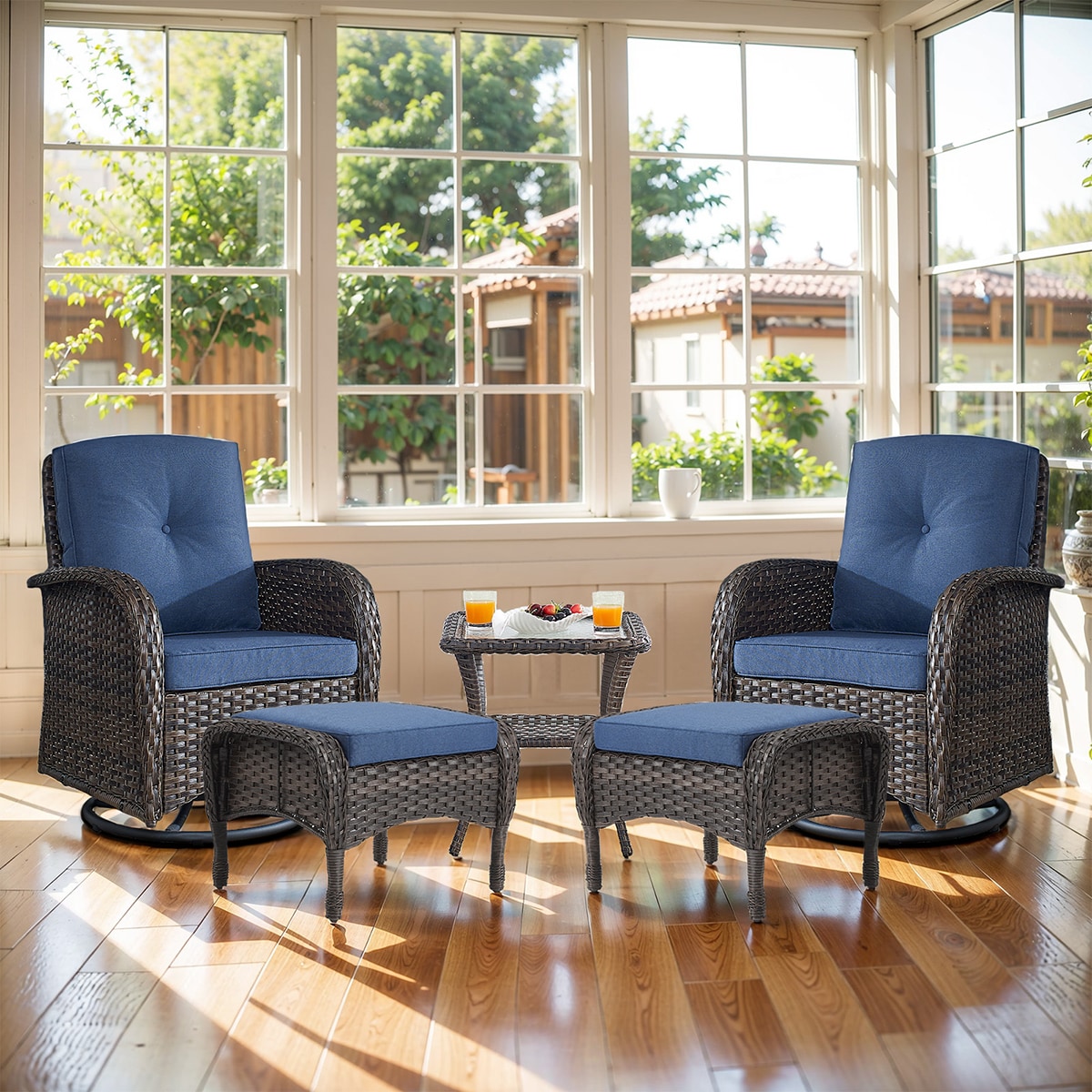 Rilyson 5-Piece Wicker Patio Conversation Set With Blue Cushions In The ...