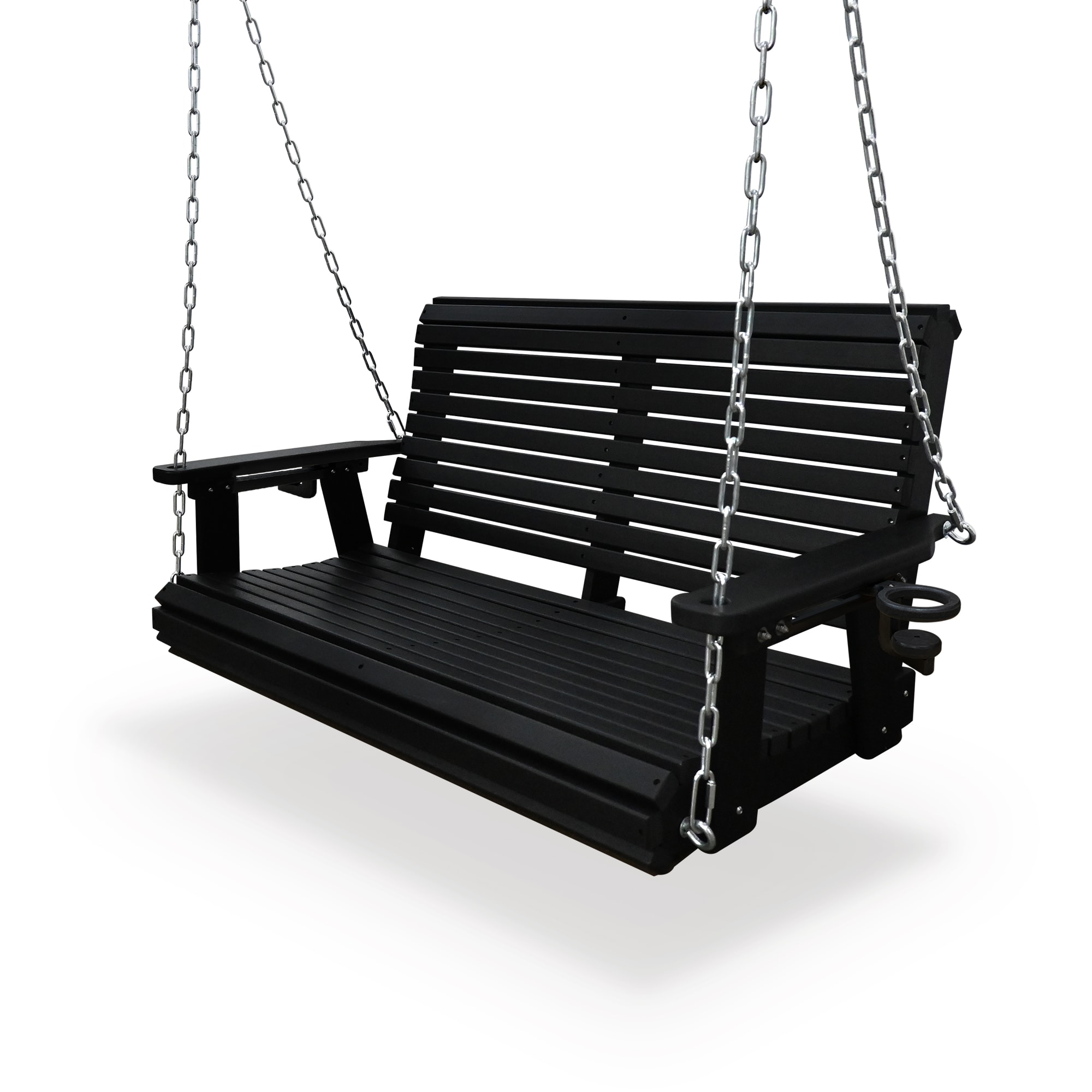 Fortune Candy 2-Seater 4 FT HDPE Ultra Weather-Resistant Darknight Black Porch Swing with 18/8 Stainless Steel Bolts and Cupholders