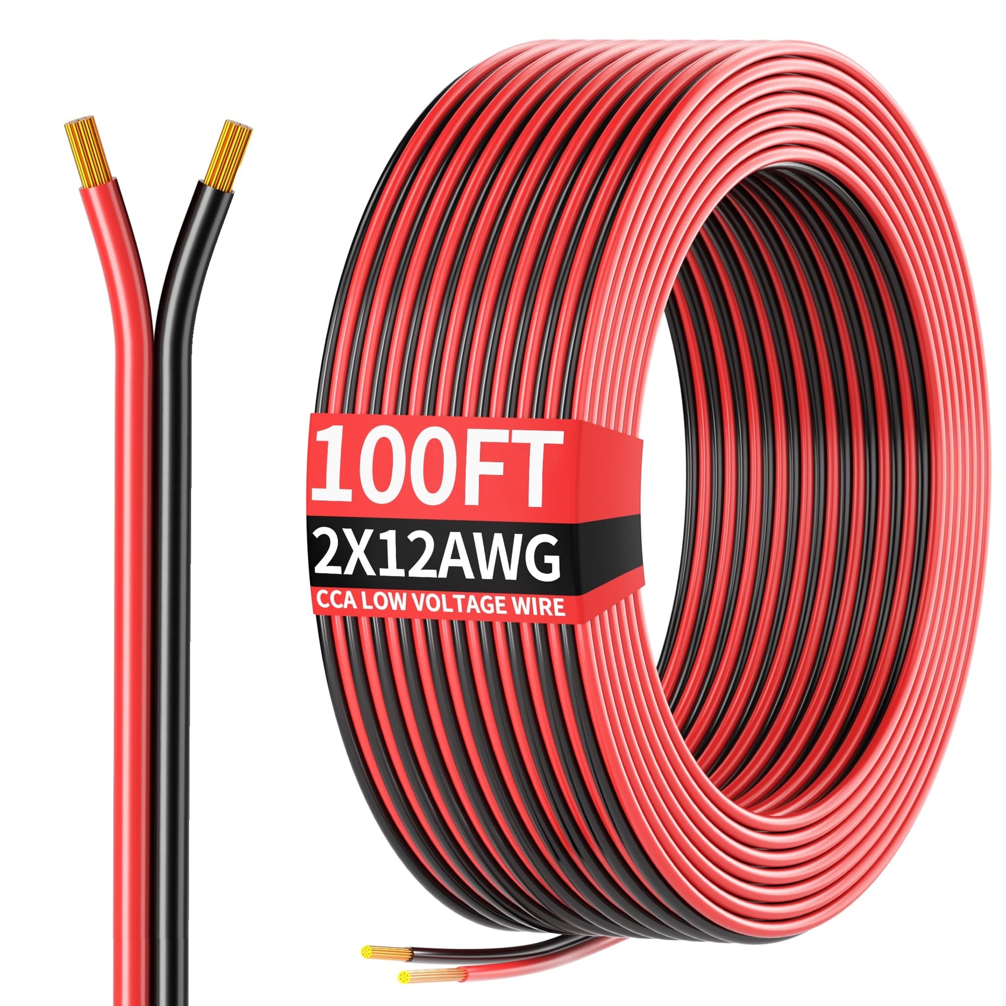 Phewnyzo  Electrical Wire 12AWG 100FT Roll Two Conductor Red Black Copper Clad Aluminum Cable Flexible Low Voltage for LED Lighting Outdoor
