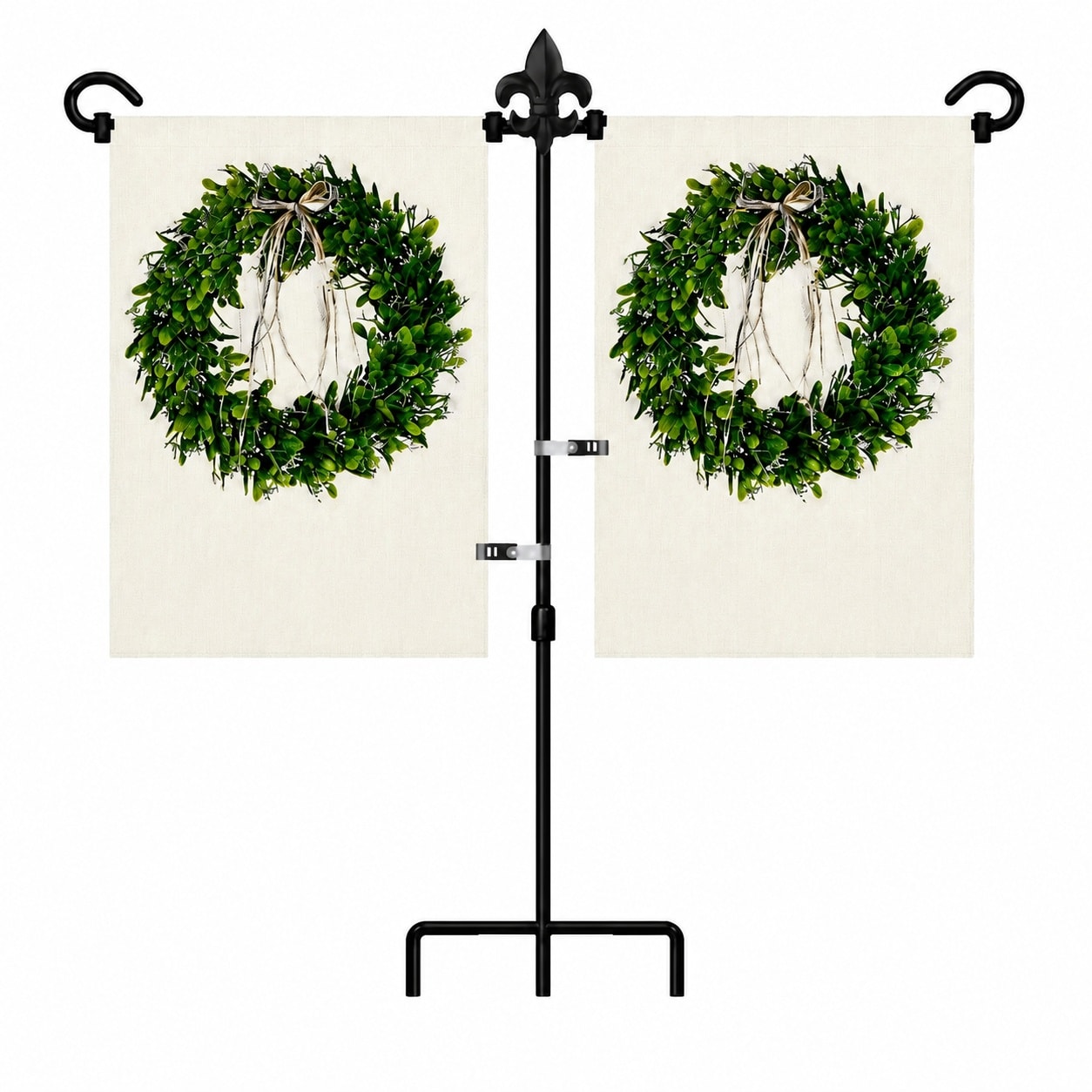 Aoibox  37 in H x 30 in W 2 Position Black Wrought Iron Double Garden Flag Stand with Fleur De Lis Accent