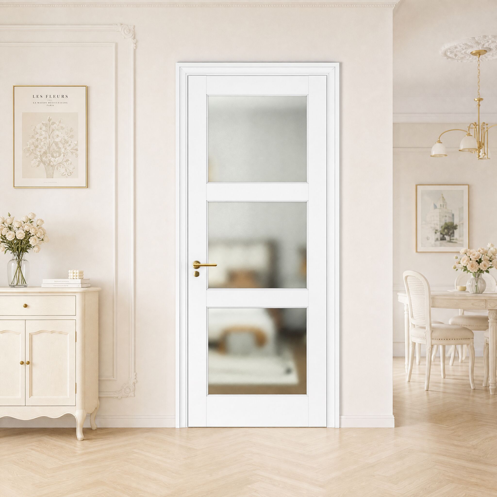 Vynxaria 28-in x 80-in White Primed 3-Lite French Solid Core Frosted Tempered Glass Interior Door Slab for Pantry, Pocket, and Sliding Doors