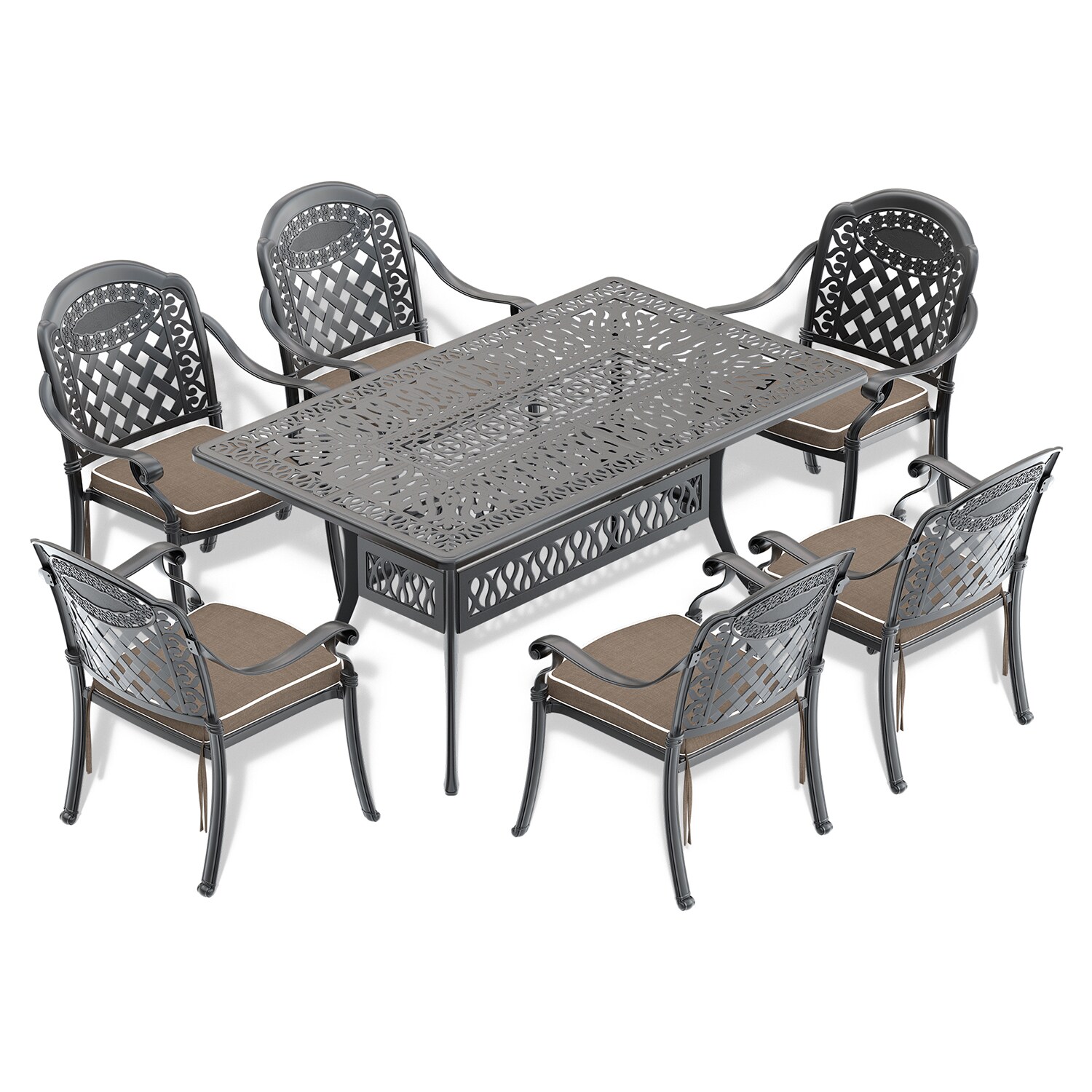 GZMR TMOD000121BR 7-Piece Set Of Cast Aluminum Patio Furniture With Cushions 7 -Piece Black Patio Dining Set Aluminum Rectangle Table with 6 Multiple colors/finishes Cushions Stackable Stationary Chairs