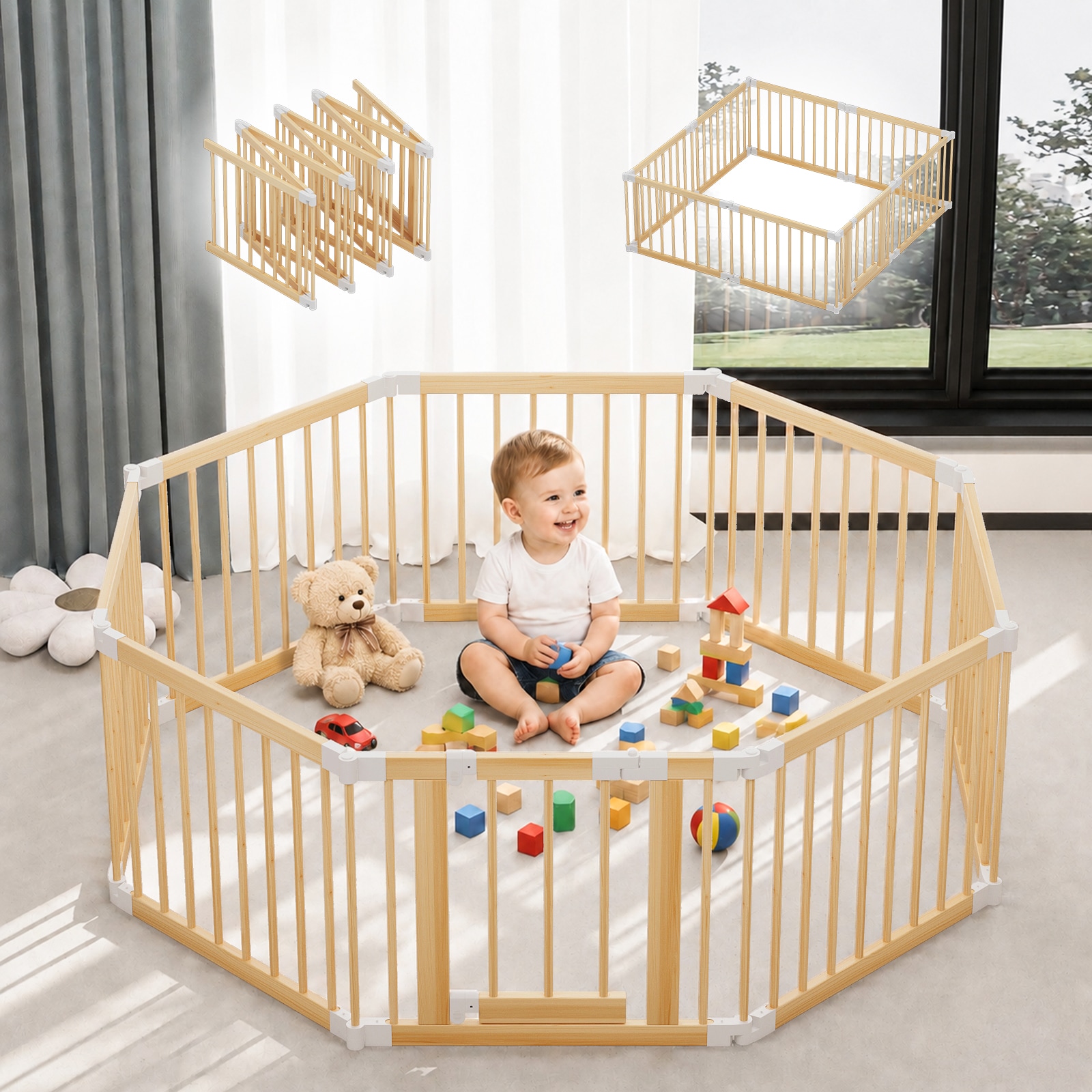 LOVMOR  8 Panel Foldable Wooden Baby Playpen Adjustable Multi-Shape Baby Play Yard with Child-Proof Lock - Easy Assembly 56 x 56 x 24 Inch