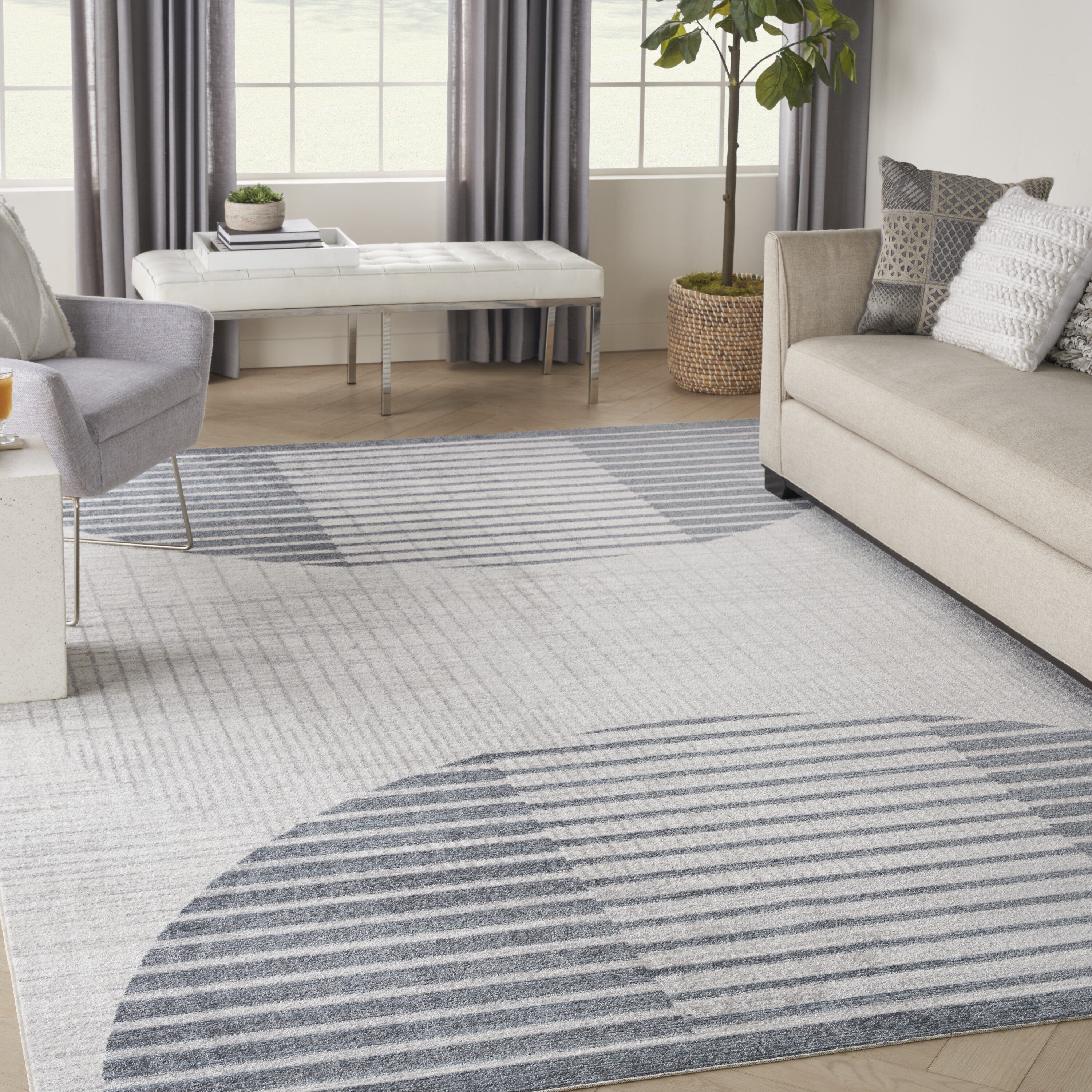 Nourison 099446119797 Astra Machine Washable 8 x 10 (ft) Loomed Polyester Ivory Blue Rectangular Indoor Geometric Mid-Century Modern Machine washable Area rug