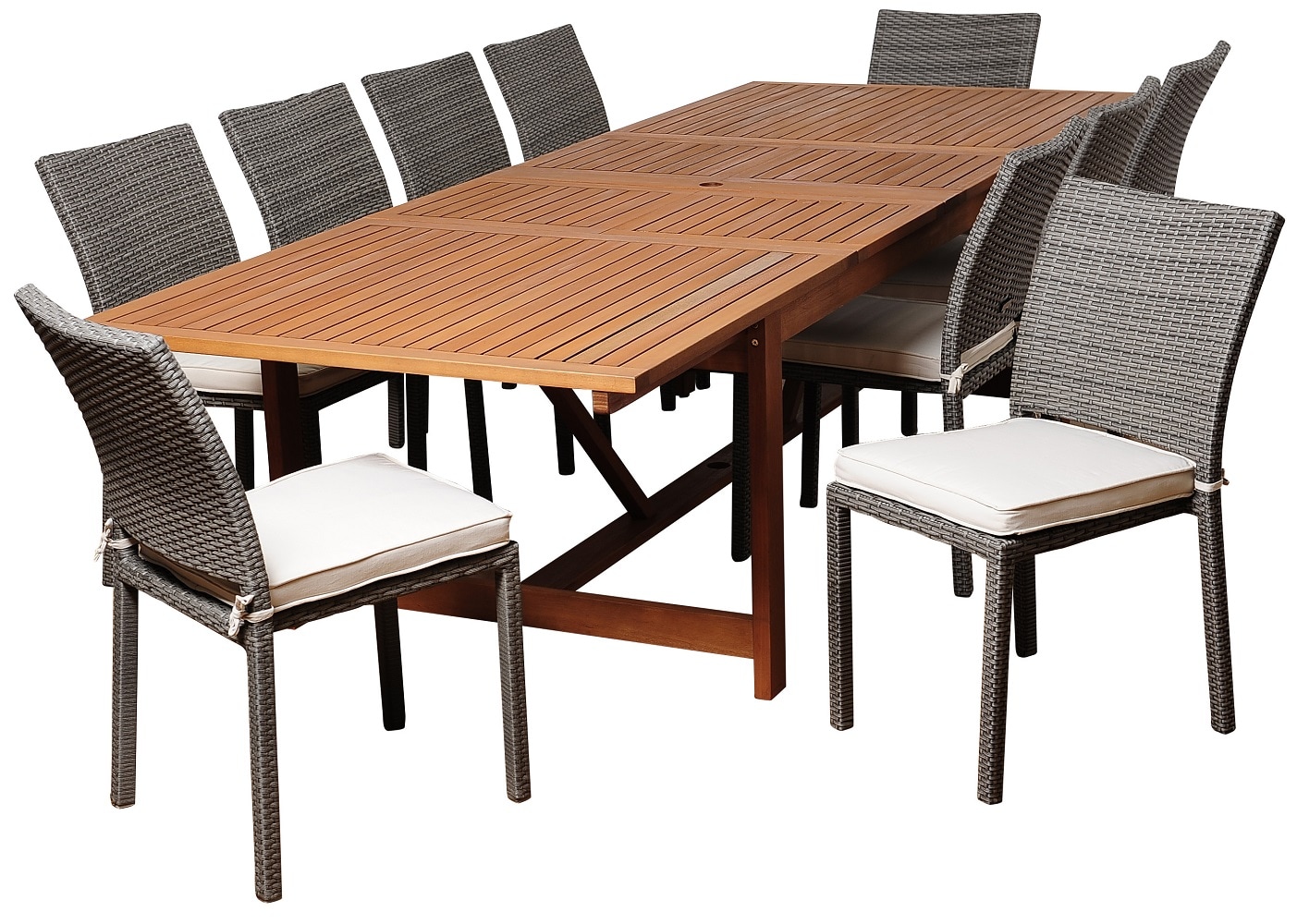 Envelor EN-IH-ANG11PC2 Amazonia 11 -Piece Brown Wicker Patio Dining Set Extendable Table Wood Rectangle Table with 10 Off-white Cushions Stationary Chairs
