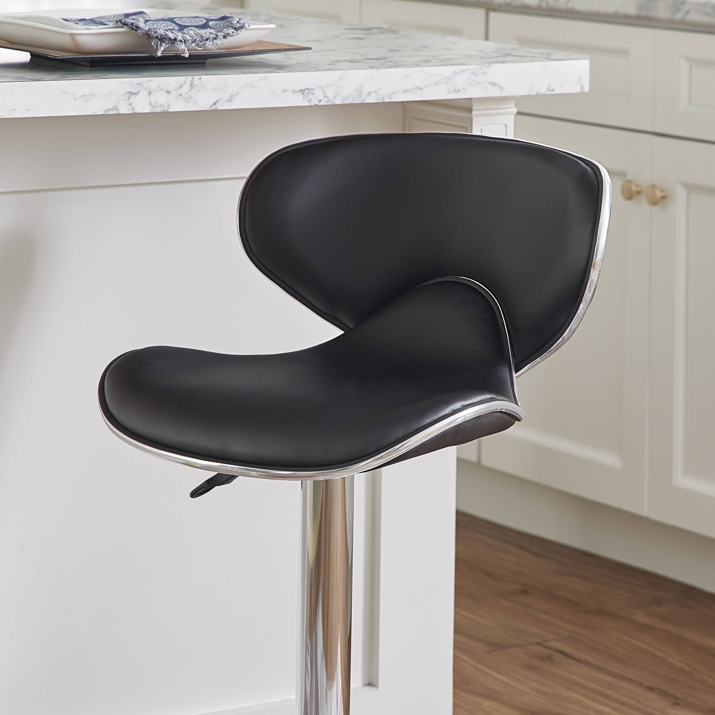 Adjustable Swivel Bar Stool in Black Faux Leather and Chrome