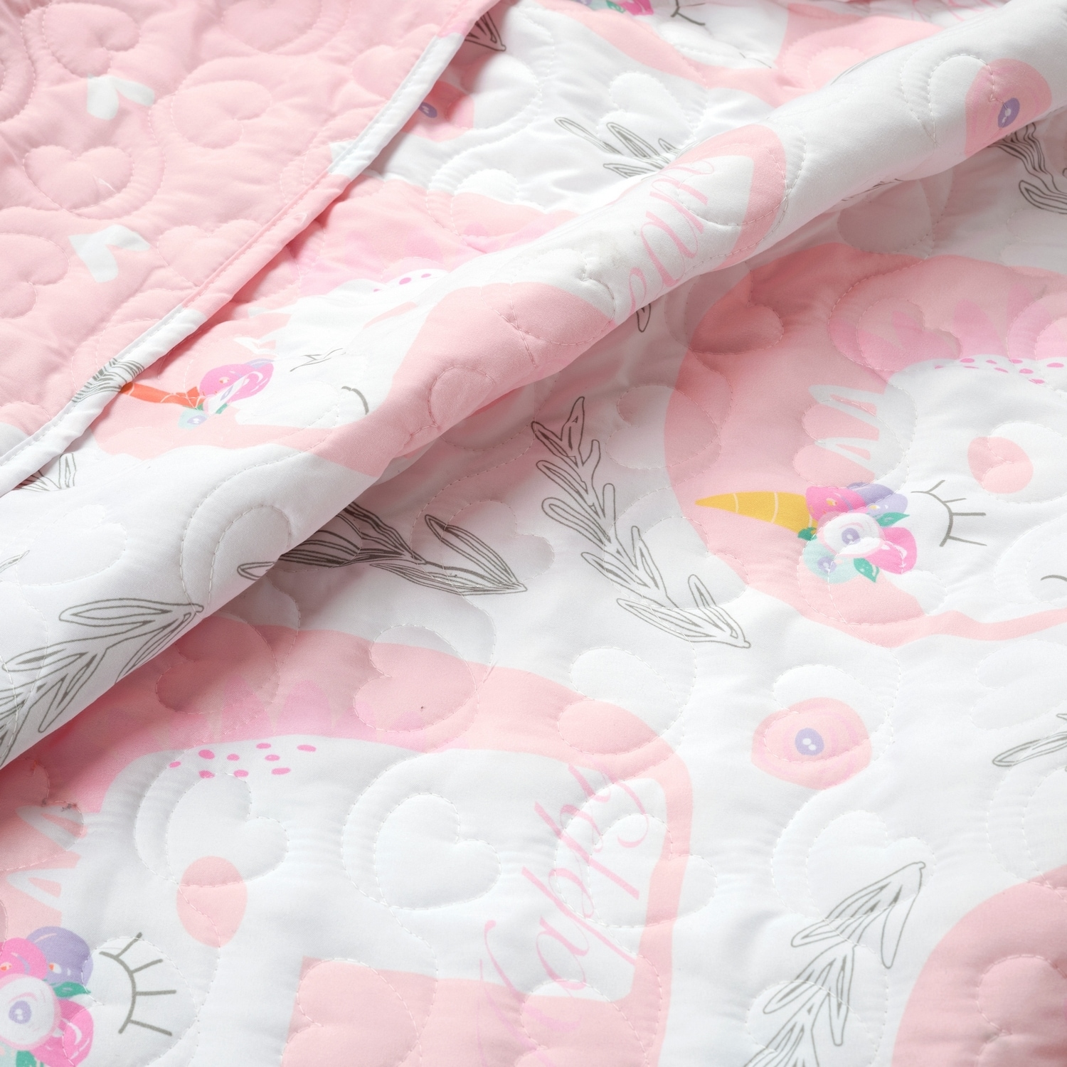 Pink Twin Reversible Microfiber Unicorn Quilt Set