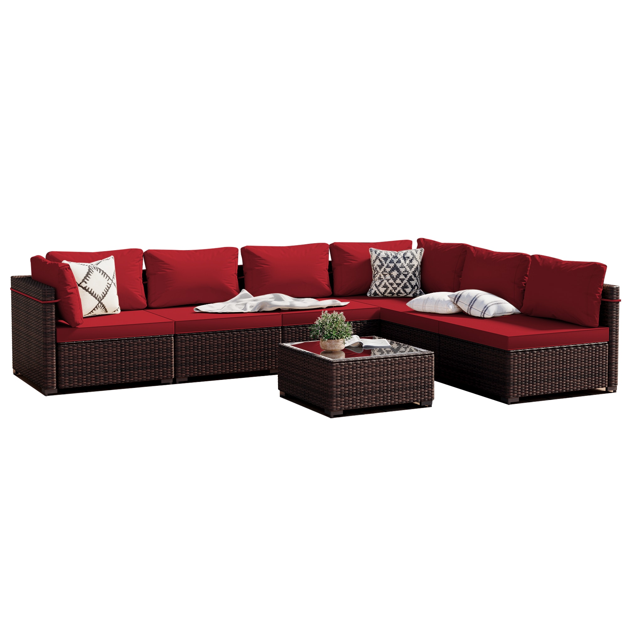 Patio Watcher RT-OD7-B5-3 7 -Piece Rattan Patio Conversation Set with Red Cushions