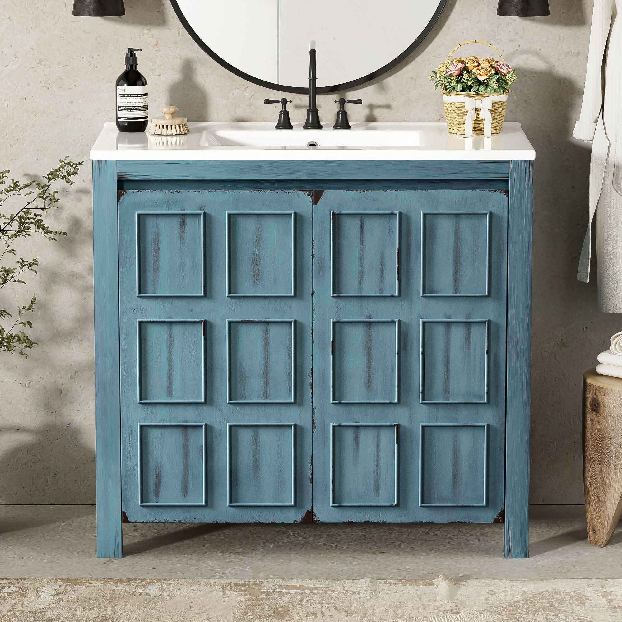 CASAINC 36 " Bathroom Vanity Storage Cabinet with Ceramic Sink 36-in Retro Blue Single Sink Bathroom Vanity with White Ceramic Top