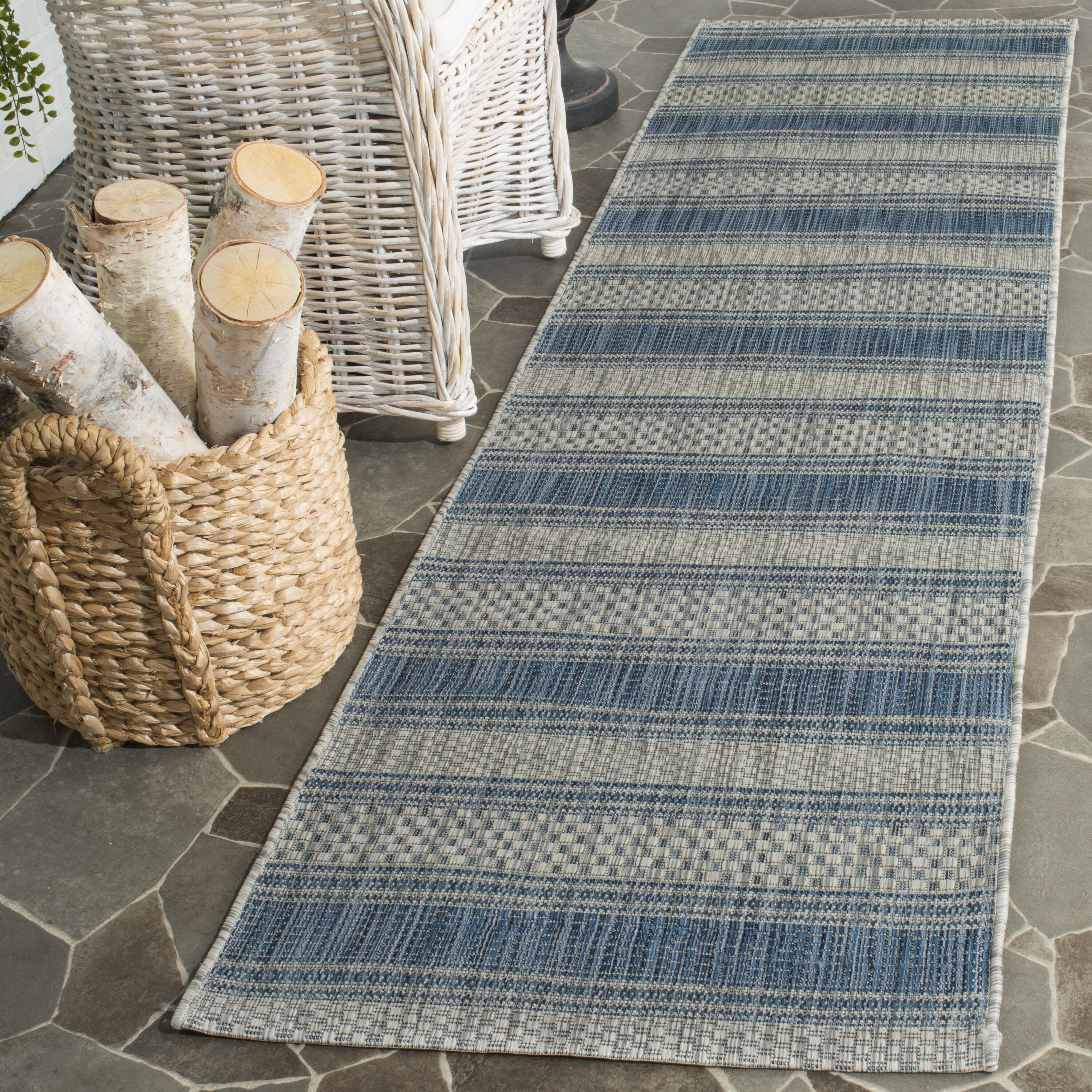 Gray and Navy Striped Synthetic Indoor/Outdoor Runner Rug, 2'3" x 12'