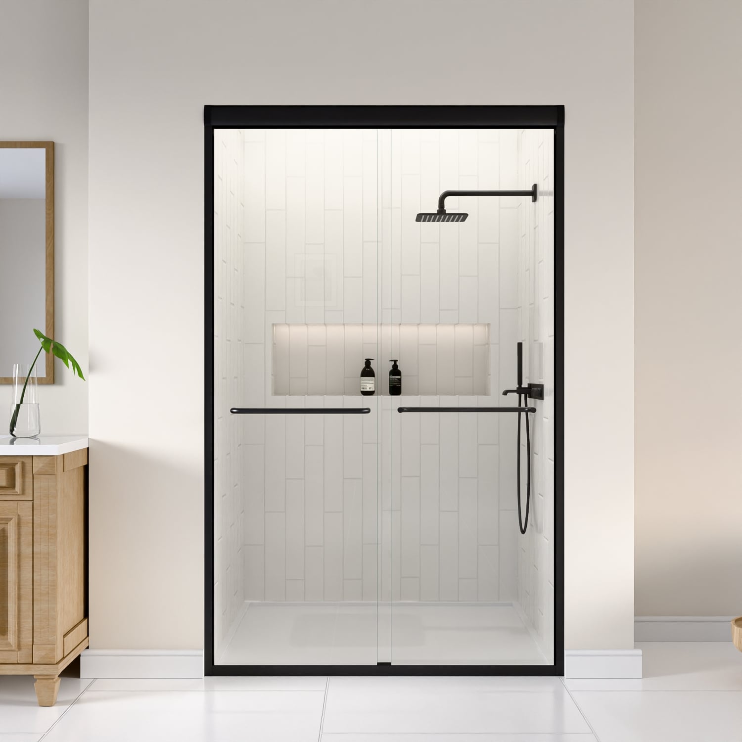 Wooakway 44in-48inWx72in H Semi-Frameless Double Sliding Shower Door Bypass Shower Door 1/4in (6mm) Thick Glass Door Matte Black