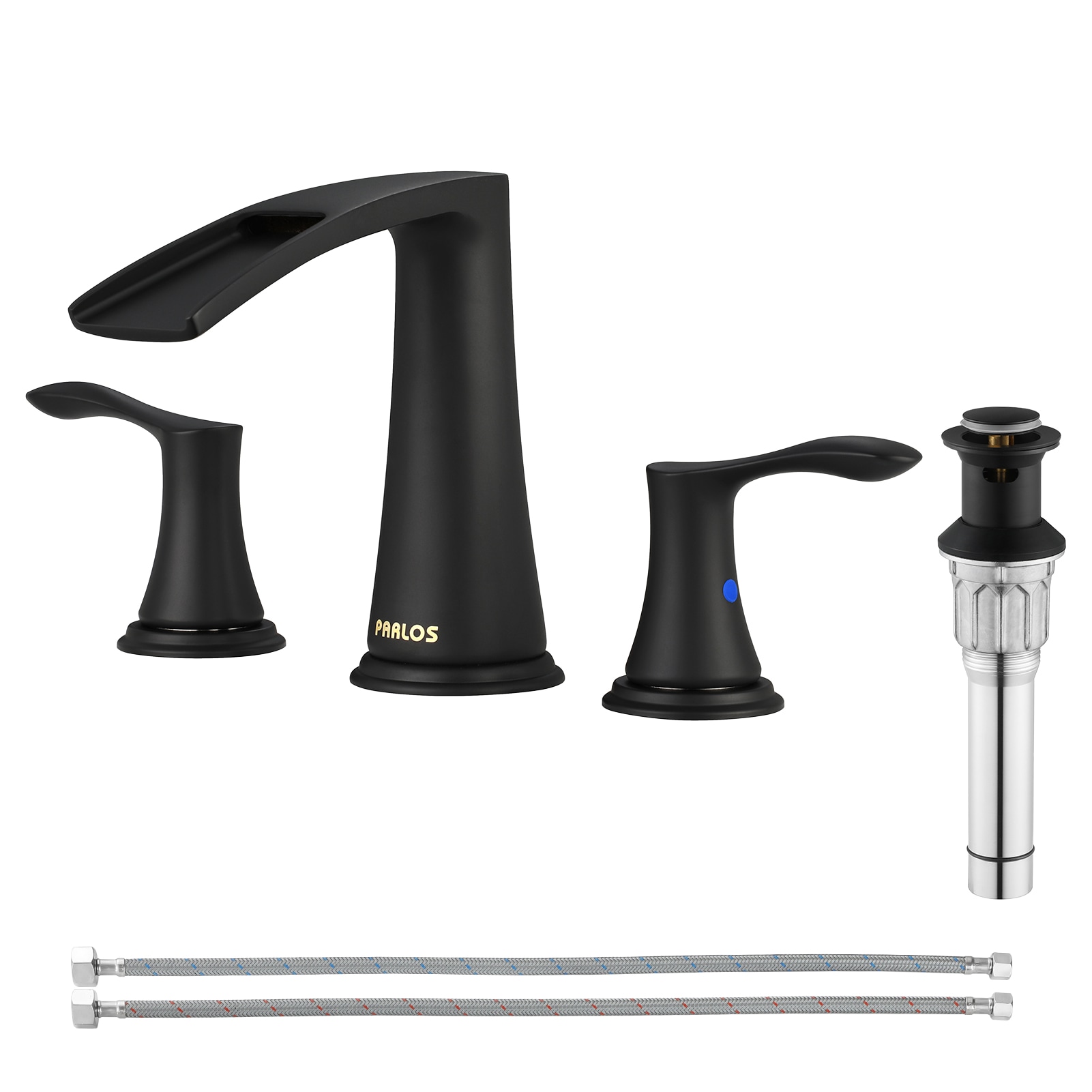 PARLOS 1431804 Demeter Matte Black Widespread 2-handle Waterfall Residential Handle Bathroom Sink Faucet with Drain