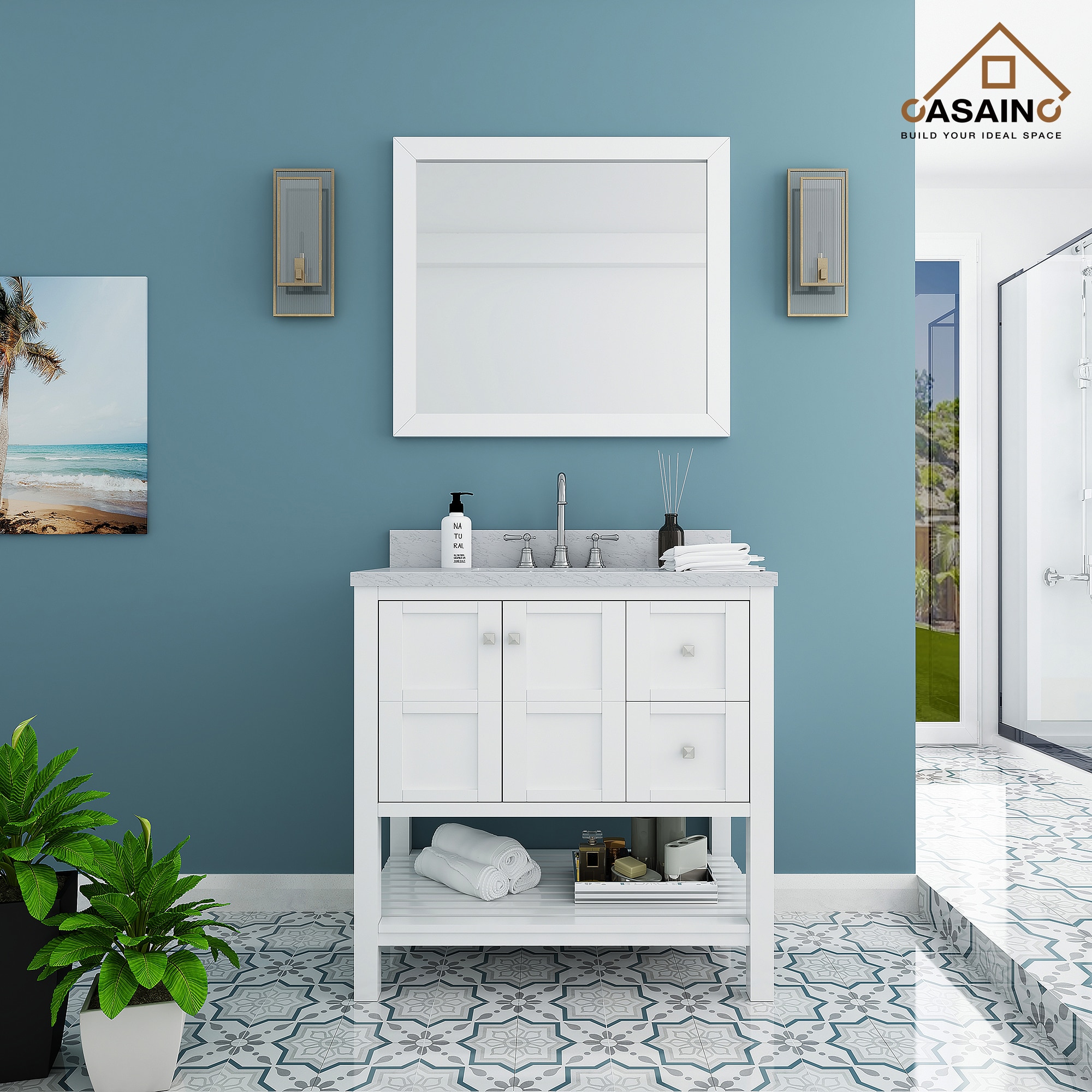 12.8 in Single Bowl Corner Wall Mounted Bath Vanity in Blue with Ceramic Sink in White with Overflow