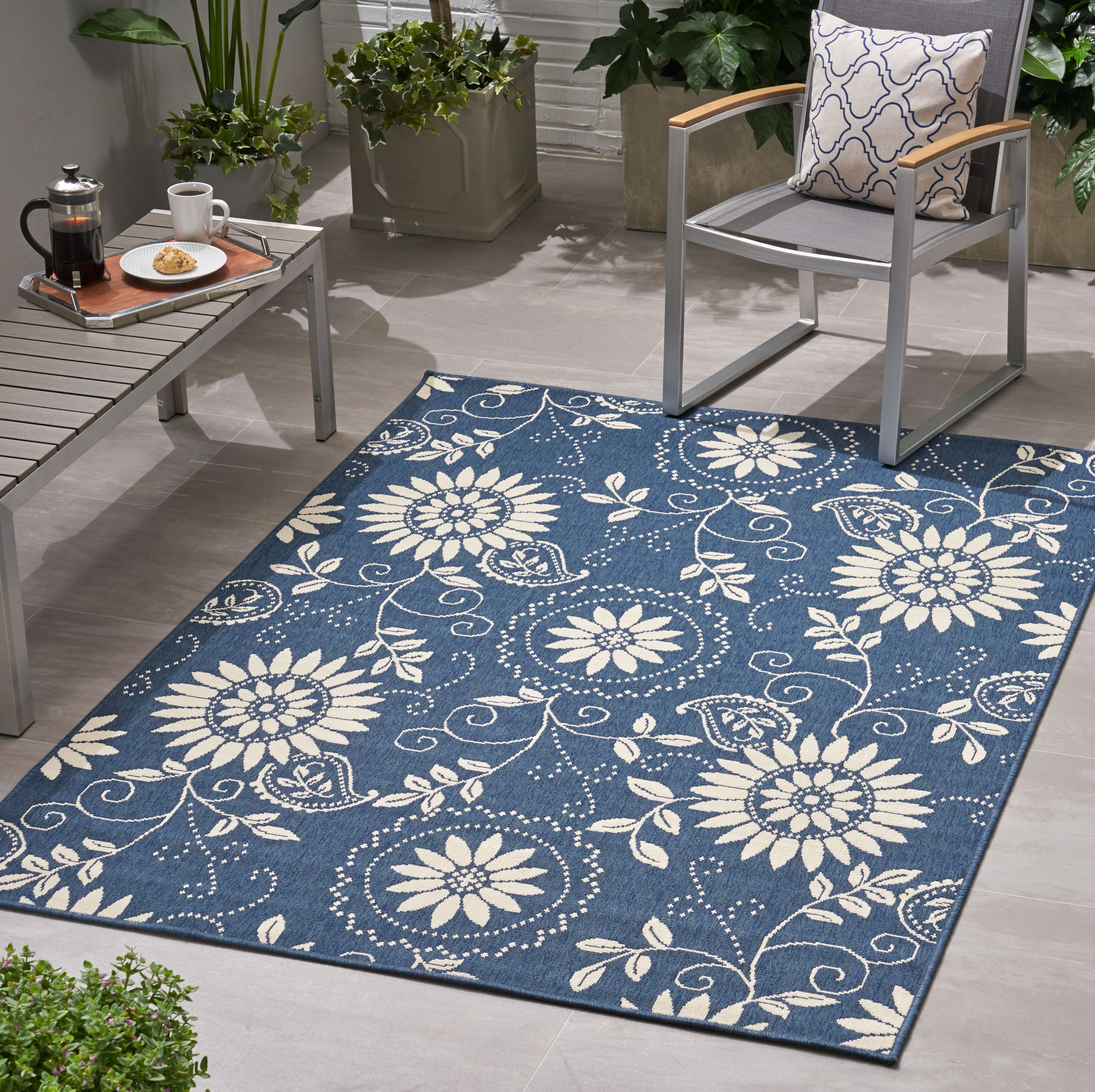 LOVMOR SF-WO-65862.00 Outdoor Area Rug Charming Fresh Air Polypropylene Blue Ivory Botanical Machine Woven